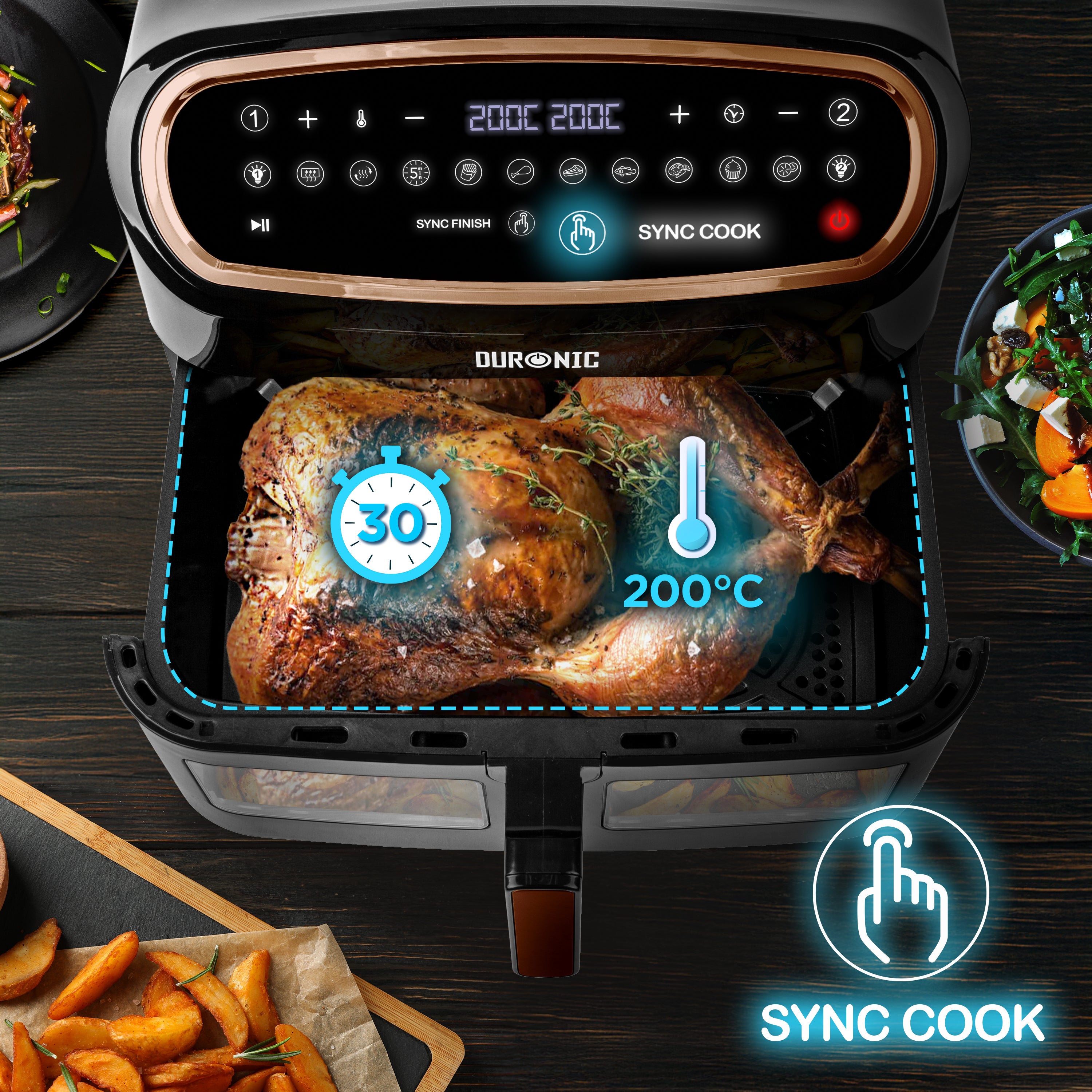 Duronic AF34 BG Freidora de aire sin aceite 2400 W | Air Fryer 2 cestas 5L + 1 cesta 10L con Ventana | Airfryer 10 programas | Pantalla táctil | Cestas antiadherentes | Fácil de limpiar | 50-200º