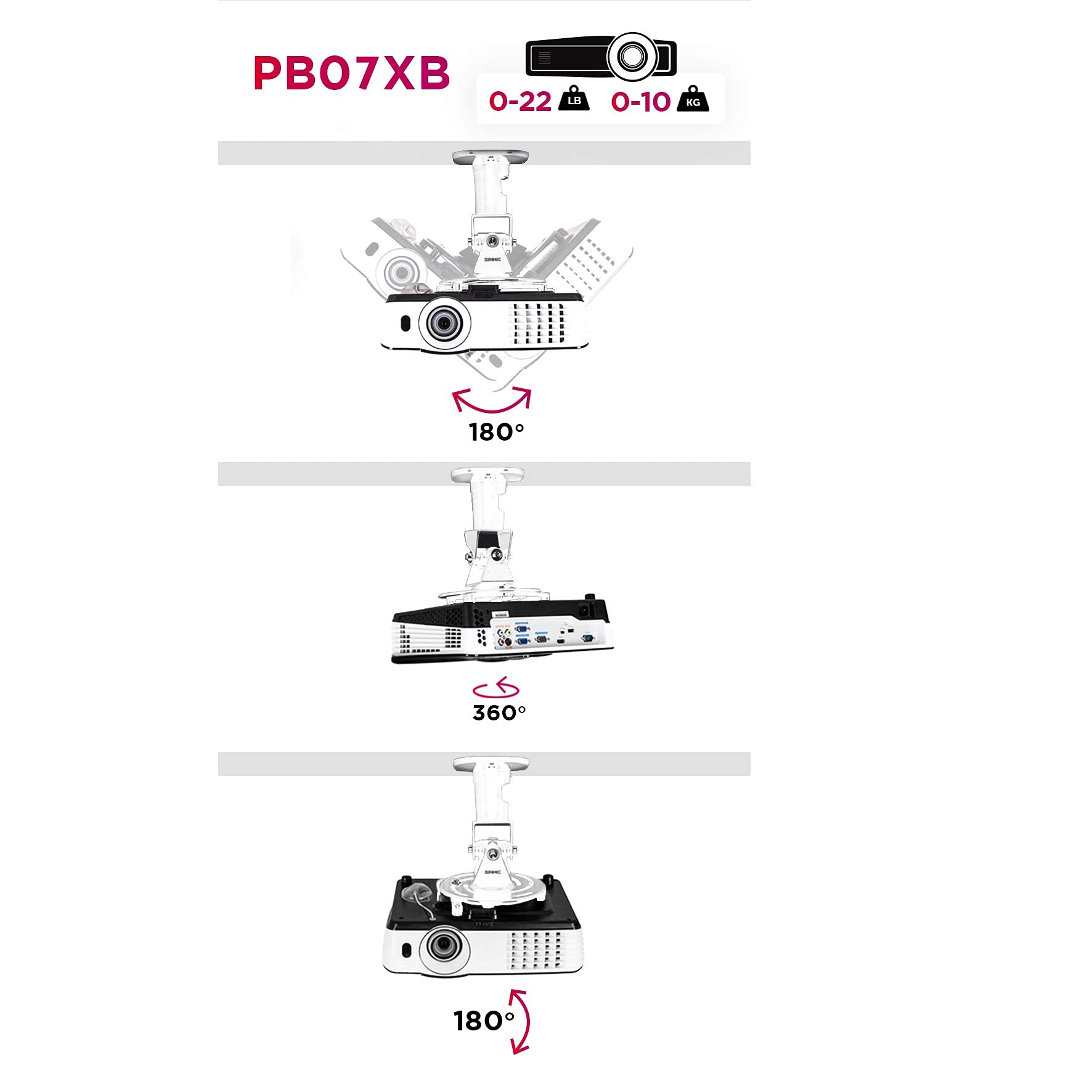 Duronic PB07XB Soporte para Proyector de Techo y Pared, Universal | Mostrando las especificaciones generales y los diagramas de movimiento del modelo PB07XB, con una capacidad de carga de hasta 10 kg (22 lbs), rotación de 360° e inclinación de 180°