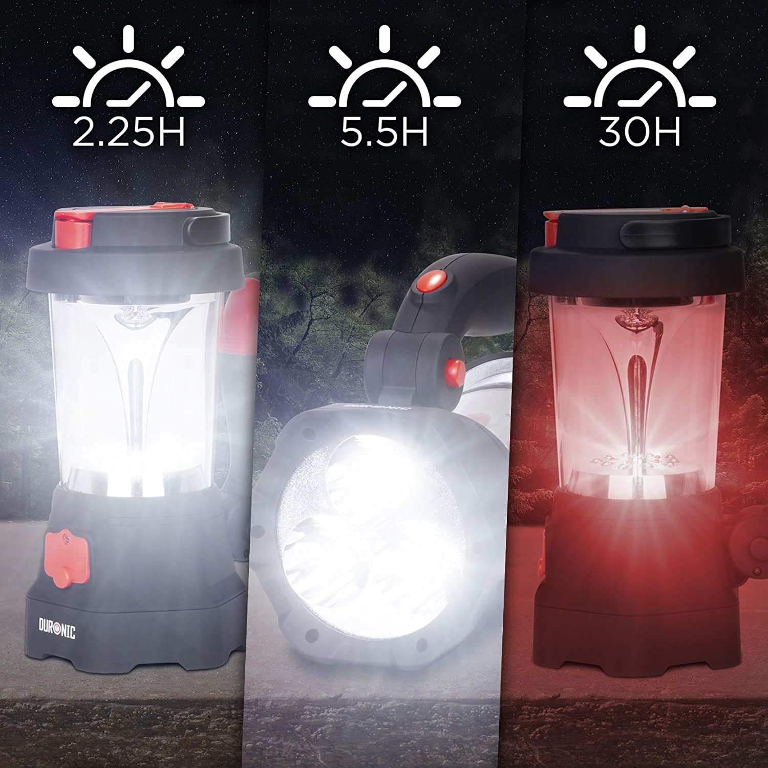Duronic Hurricane Linterna con Dinamo y USB, 10 LED, Señal de Emergencia | Mostrando los tres modos de iluminación de la linterna y sus autonomías: 2.25 horas para el farol de 10 LED, 5.5 horas para la linterna frontal y 30 horas para la señal de emergencia roja intermitente