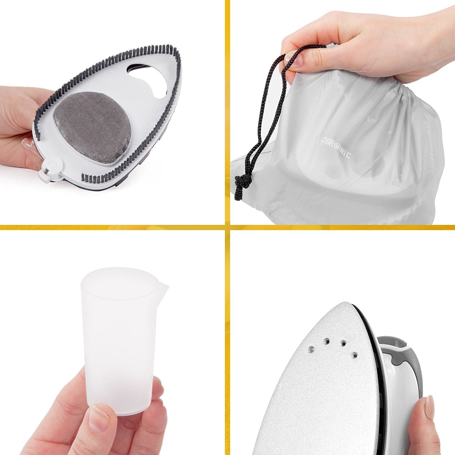 Duronic SI2 WE Plancha de viaje con función vapor | Potencia 375 W | Plancha ligera y compacta 762g | Depósito 50 ml | Incluye cepillo, base, bolsa de transporte y vaso dosificador | Color Blanco