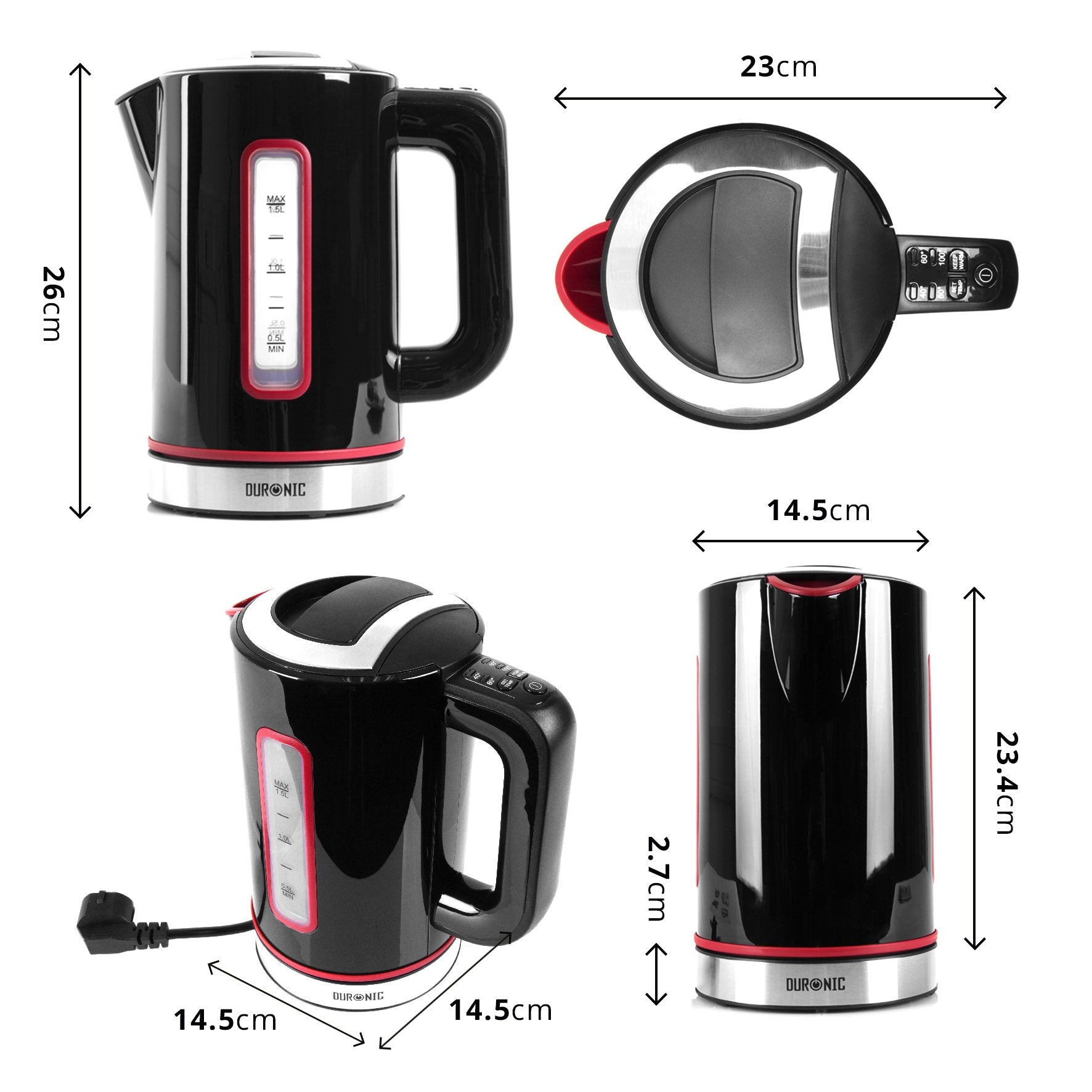 Duronic EK30 BK Hervidor de Agua Eléctrico 3000W de 1.5 L | Temperatura Regulable 40° 60° 80° y 100° C | Libre de BPA y Filtro Antical | Mantiene el Agua Caliente | Color negro