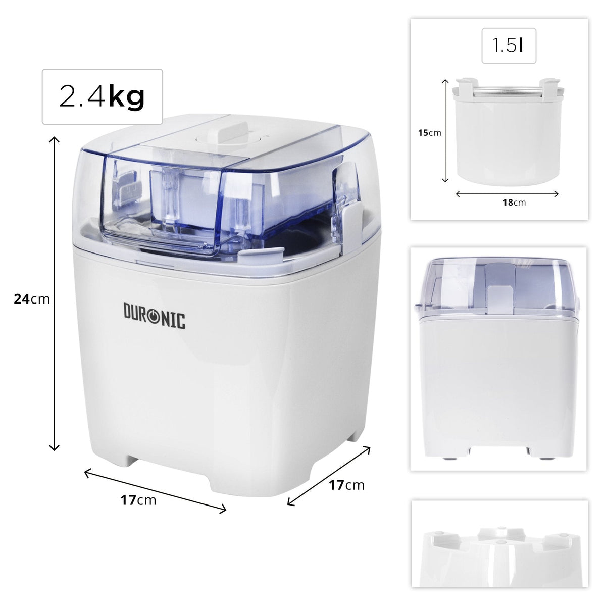 Duronic IM540 Heladera con bol de congelación de 1.5L para hacer helados en 15 a 30 min | Gran potencia | Incluye pala y accesorios | Desmontable y facil de limpiar | Helados caseros sorbete y yogur