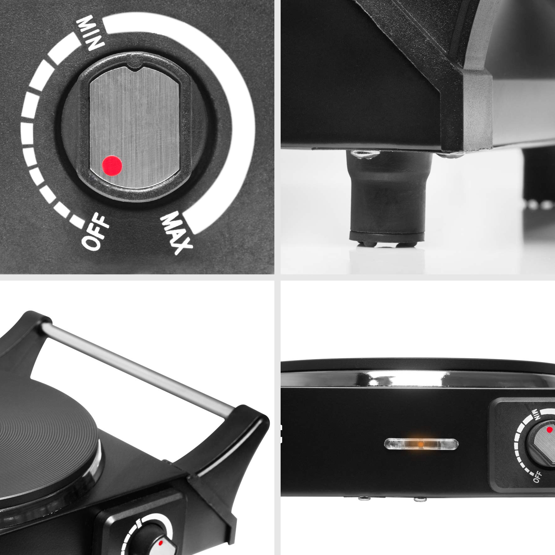 Duronic HP1 BK Hornillo Eléctrico de Camping 1500 W | Mostrando cuatro detalles del hornillo: el dial de control con marca mínima, máxima y apagado, un pie de soporte de goma antideslizante, las asas laterales de transporte con acabado metálico, y la luz piloto indicadora junto al selector de temperatura