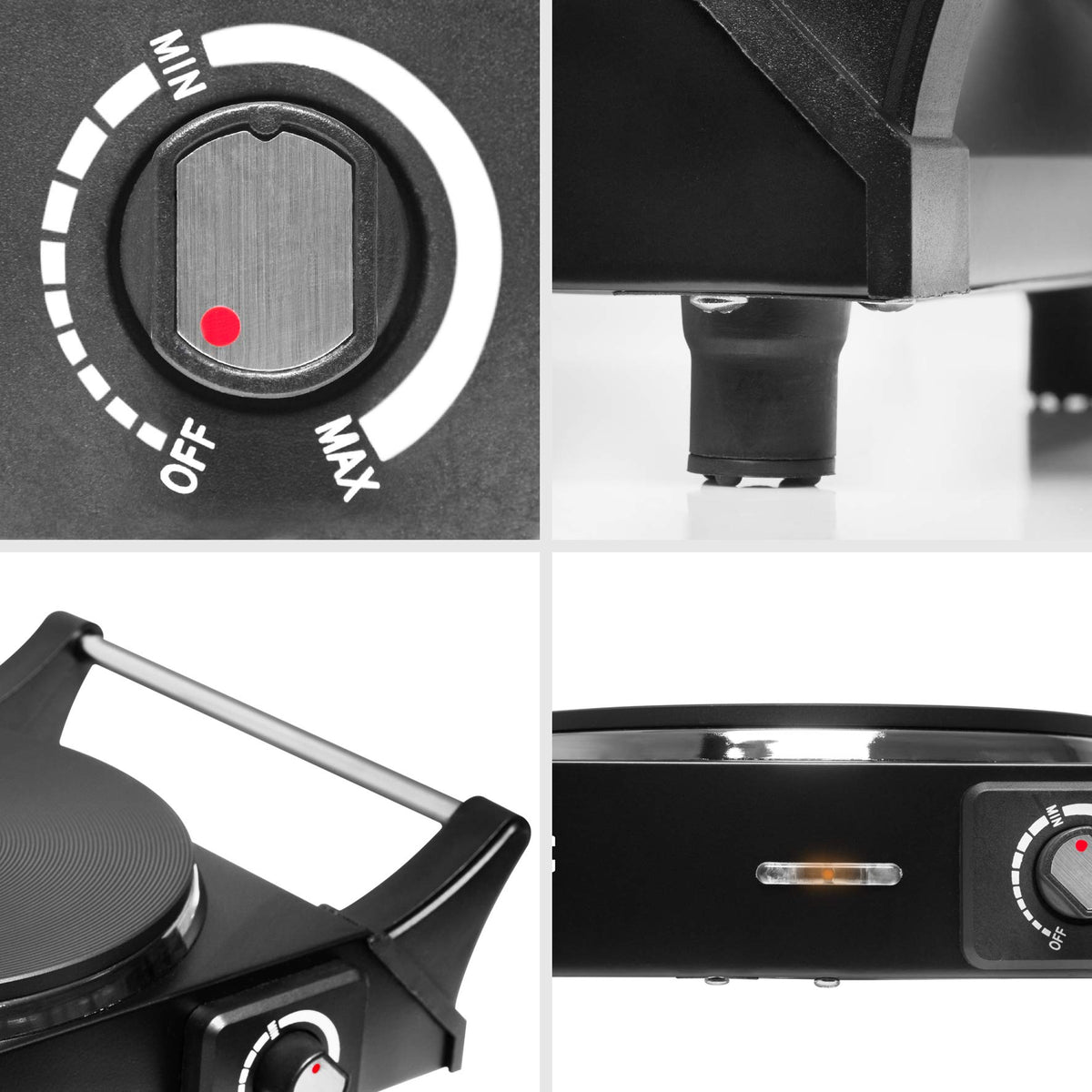 Duronic HP1 BK Hornillo Eléctrico de Camping 1500 W | Mostrando cuatro detalles del hornillo: el dial de control con marca mínima, máxima y apagado, un pie de soporte de goma antideslizante, las asas laterales de transporte con acabado metálico, y la luz piloto indicadora junto al selector de temperatura