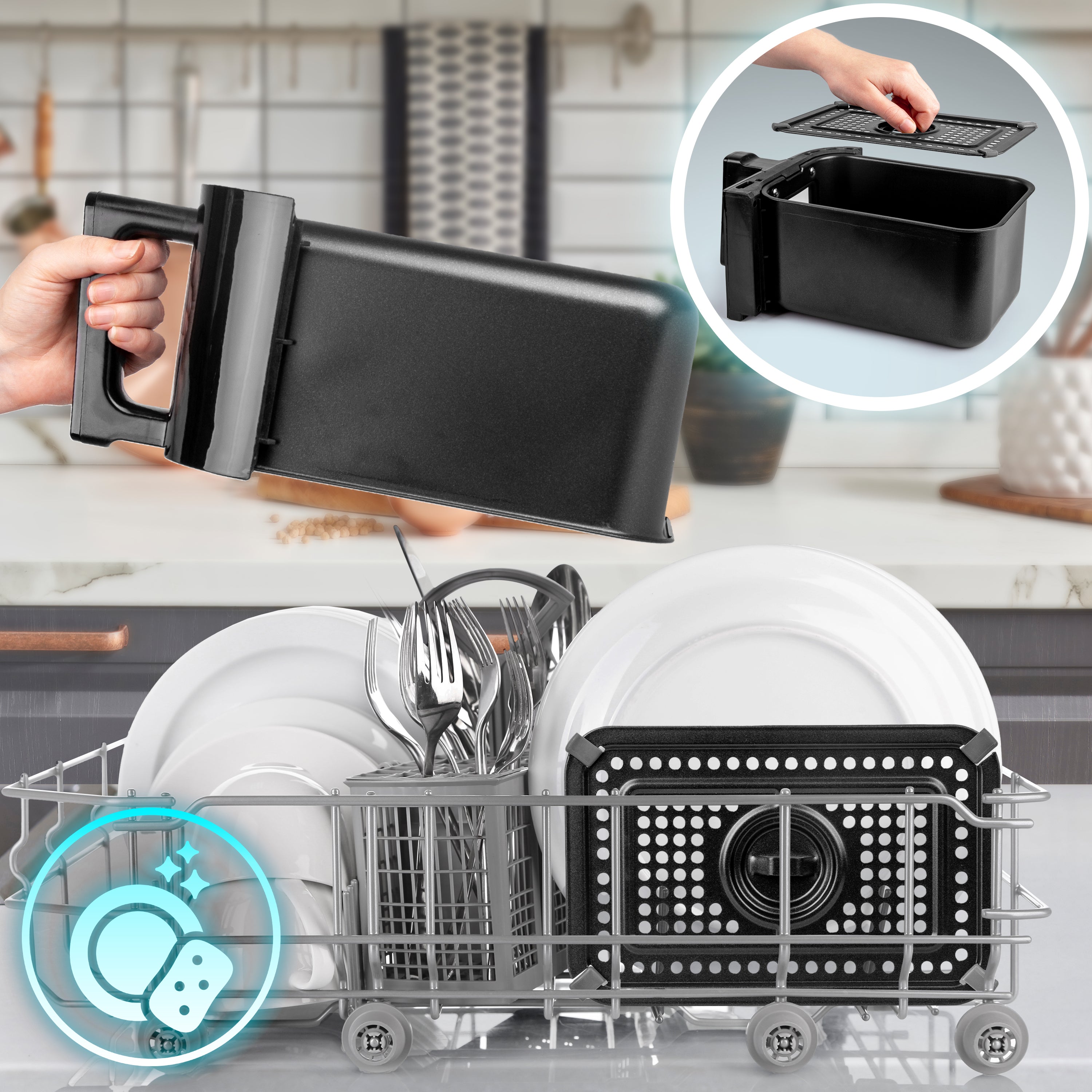 Duronic AF24 Freidora de Aire 2400 W, 2 Cestas de 5 L con Ventana, 50-200° | Mostrando la facilidad de limpieza de la freidora, con una cesta desmontable siendo manipulada y las placas antiadherentes y componentes colocados de manera segura en el lavavajillas