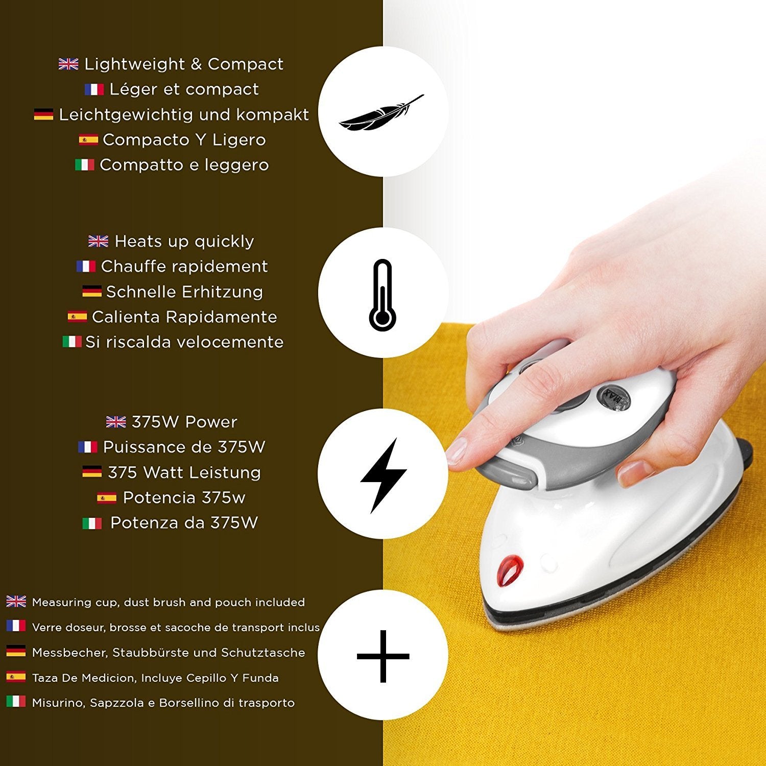 Duronic SI2 WE Plancha de viaje con función vapor | Potencia 375 W | Plancha ligera y compacta 762g | Depósito 50 ml | Incluye cepillo, base, bolsa de transporte y vaso dosificador | Color Blanco