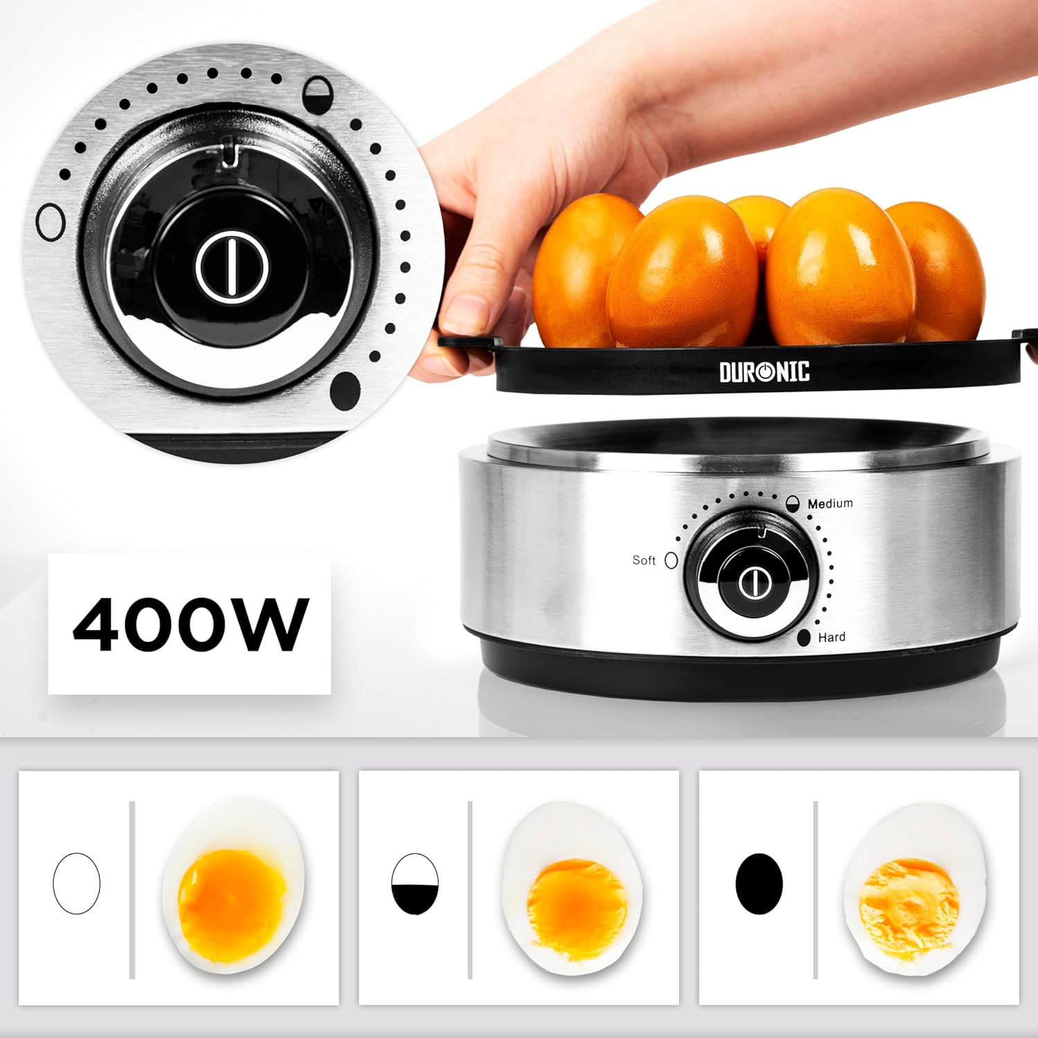 Duronic EB40 BK Hervidor de huevos Mostrando el control de 400W y los tres niveles de cocción ilustrados con mitades de huevos blandos, medios y duros