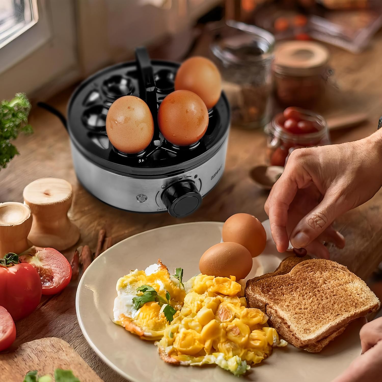 Duronic EB50 BK Hervidor de Huevos Eléctrico 400 W para 7 Huevos | Mostrando el hervidor de huevos eléctrico sobre una mesa de cocina rústica sin la tapa, con huevos colocados en su soporte interno, junto a un plato de desayuno con huevos revueltos, tostadas y tomates frescos