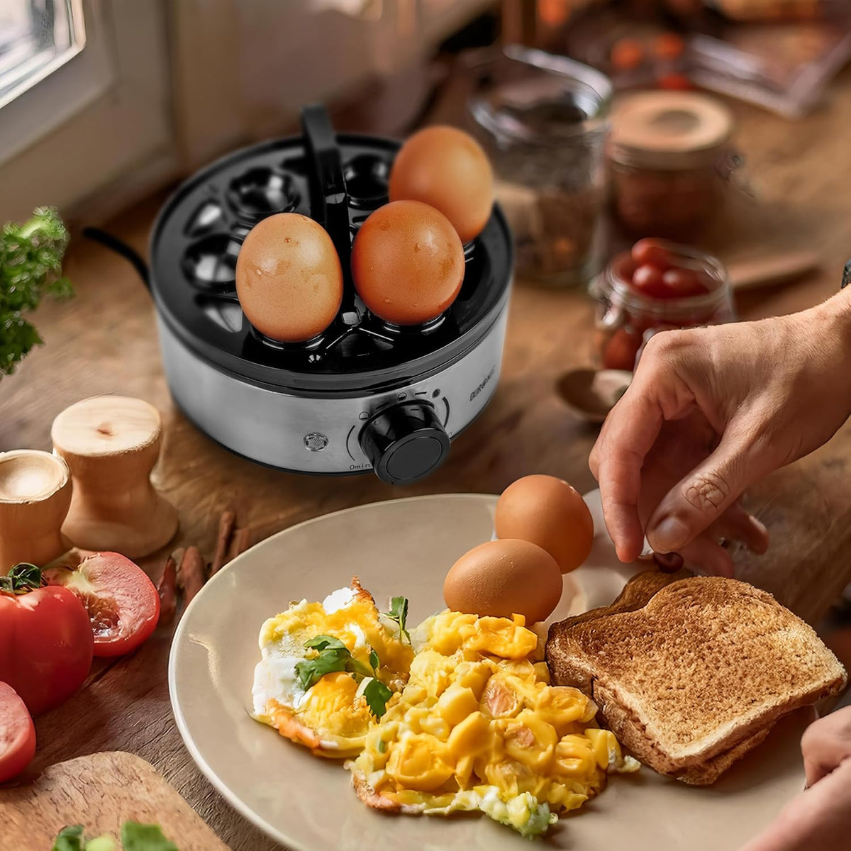 Duronic EB50 BK Hervidor de Huevos Eléctrico 400 W para 7 Huevos | Mostrando el hervidor de huevos eléctrico sobre una mesa de cocina rústica sin la tapa, con huevos colocados en su soporte interno, junto a un plato de desayuno con huevos revueltos, tostadas y tomates frescos