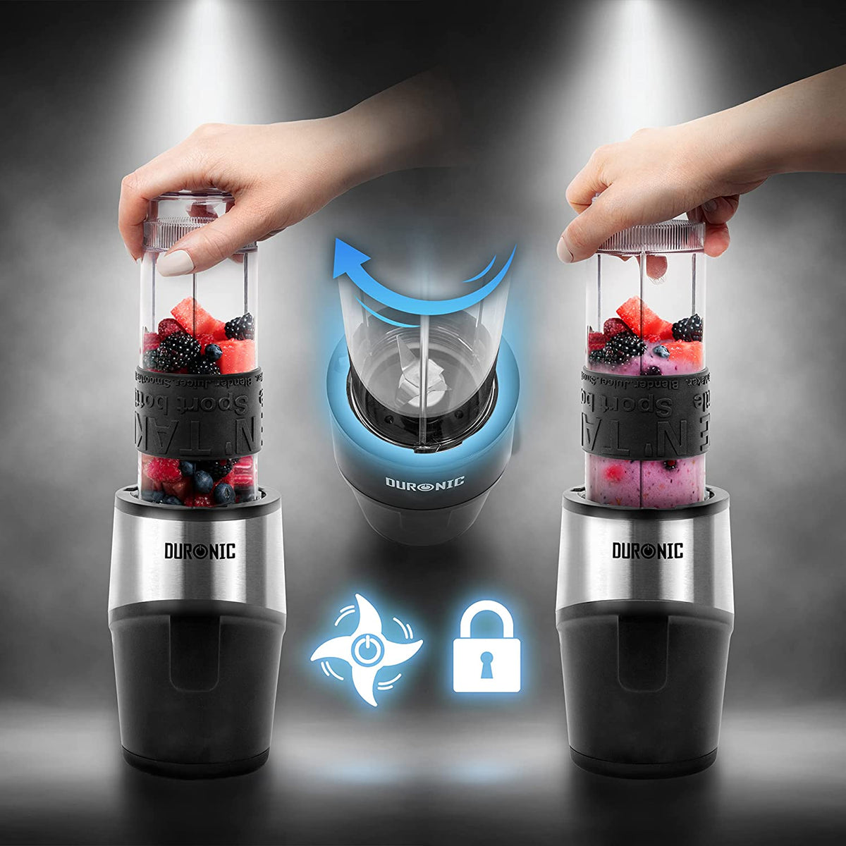 Duronic BL520 Mini Batidora de Vaso Individual 500W | Mostrando el proceso de uso de la mini batidora: a la izquierda, una persona introduce y presiona el vaso lleno de fruta fresca en la base del motor; en el centro, un diagrama ilustra el giro y el sistema de bloqueo de seguridad con las cuchillas; y a la derecha, el resultado del batido ya mezclado dentro del vaso portátil