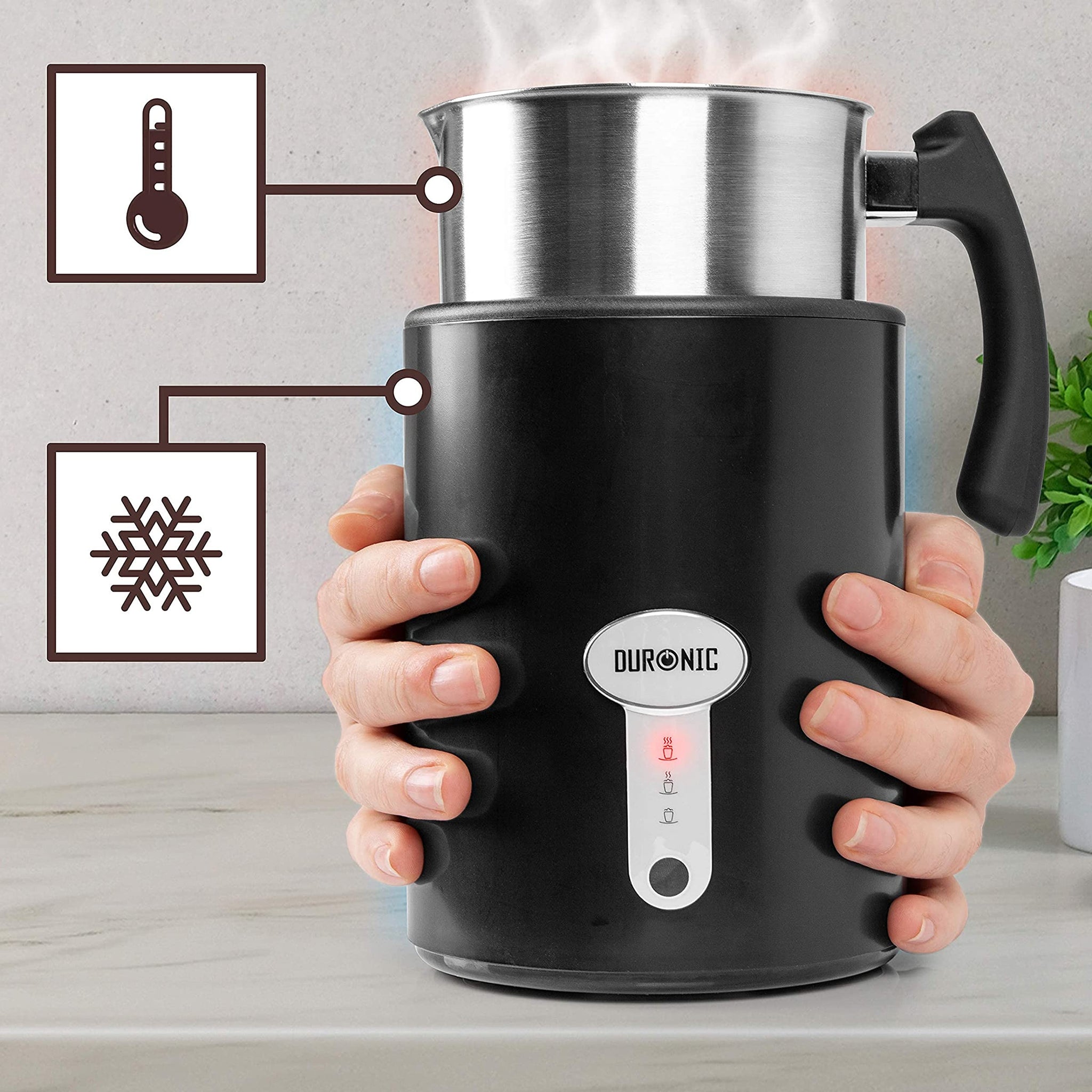 Duronic MF500 BK Espumador de leche automático eléctrico 550W - Jarra acero inoxidable - 260 ml para espumar y 500 ml para calentar - Ideal para bebidas calientes o frías - Fácil de usar y limpiar