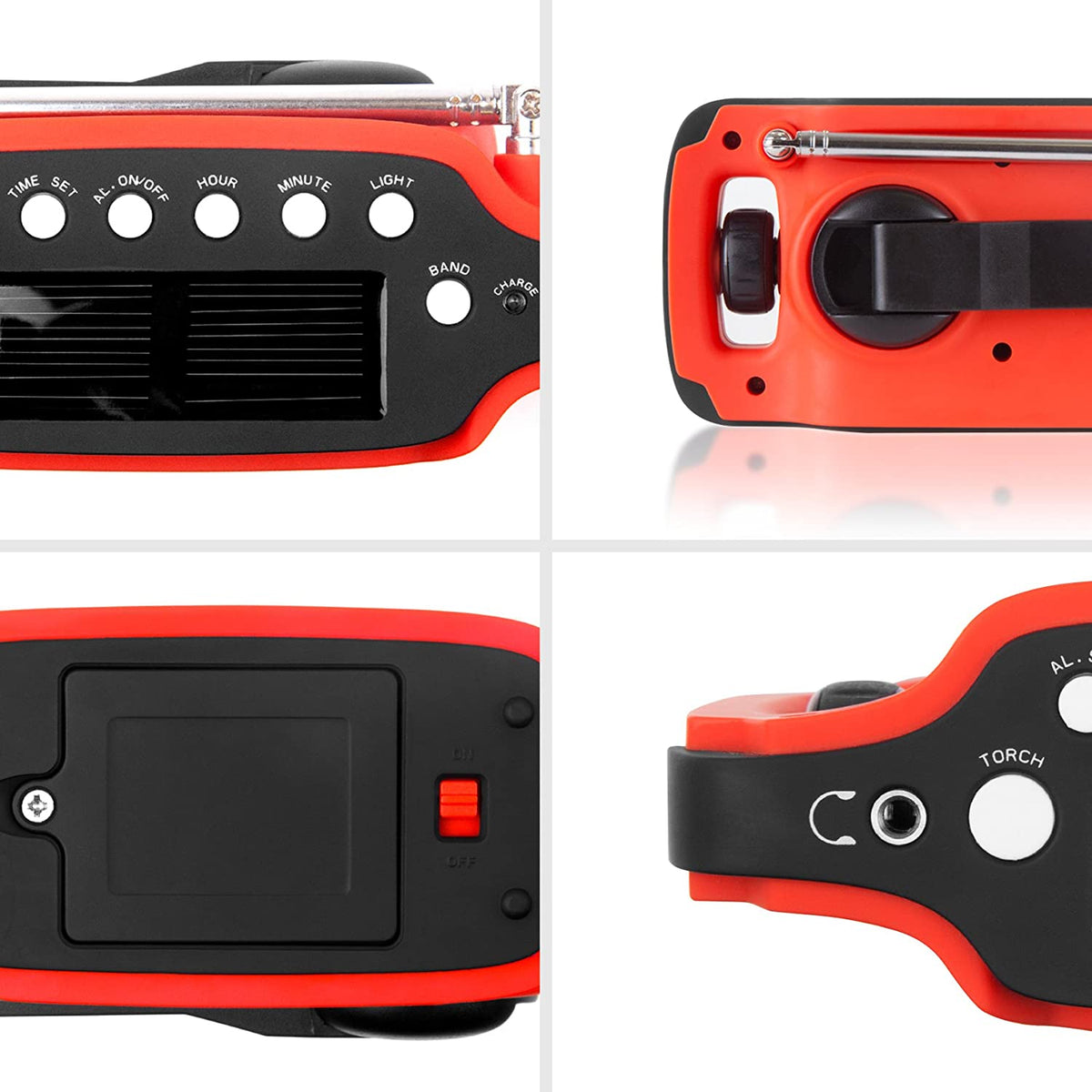 Duronic Apex Radio Solar de Emergencia con Manivela y Batería Recargable | Mostrando cuatro detalles de la radio portátil en color rojo y negro: el panel superior con los botones de control y la placa solar, la parte superior con la correa de transporte y la antena, el compartimento de la batería con el interruptor de encendido rojo, y un primer plano del botón de la linterna (Torch)
