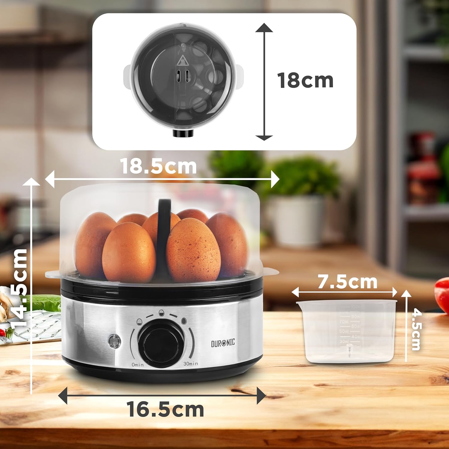 Duronic EB50 BK Hervidor de Huevos Eléctrico 400 W para 7 Huevos | Mostrando las dimensiones técnicas del hervidor eléctrico, con una altura de 14.5 cm, un ancho de 18.5 cm y una base de 16.5 cm, además de la vista superior de 18 cm y el vaso medidor incluido de 7.5 cm de ancho por 4.5 cm de alto