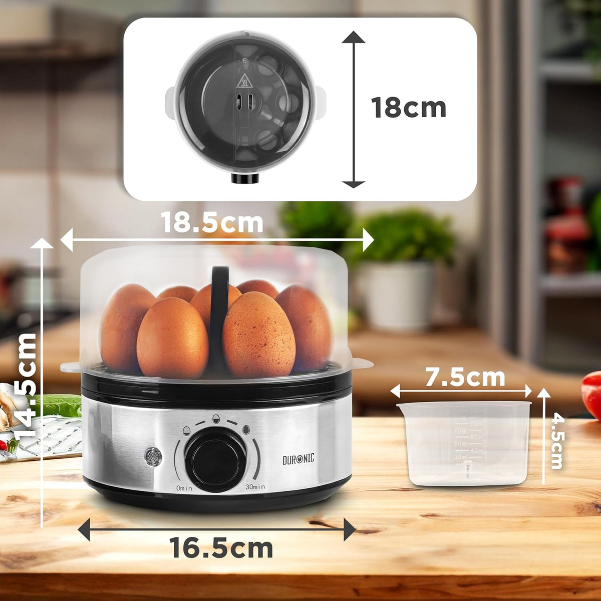 Duronic EB50 BK Hervidor de Huevos Eléctrico 400 W para 7 Huevos | Mostrando las dimensiones técnicas del hervidor eléctrico, con una altura de 14.5 cm, un ancho de 18.5 cm y una base de 16.5 cm, además de la vista superior de 18 cm y el vaso medidor incluido de 7.5 cm de ancho por 4.5 cm de alto