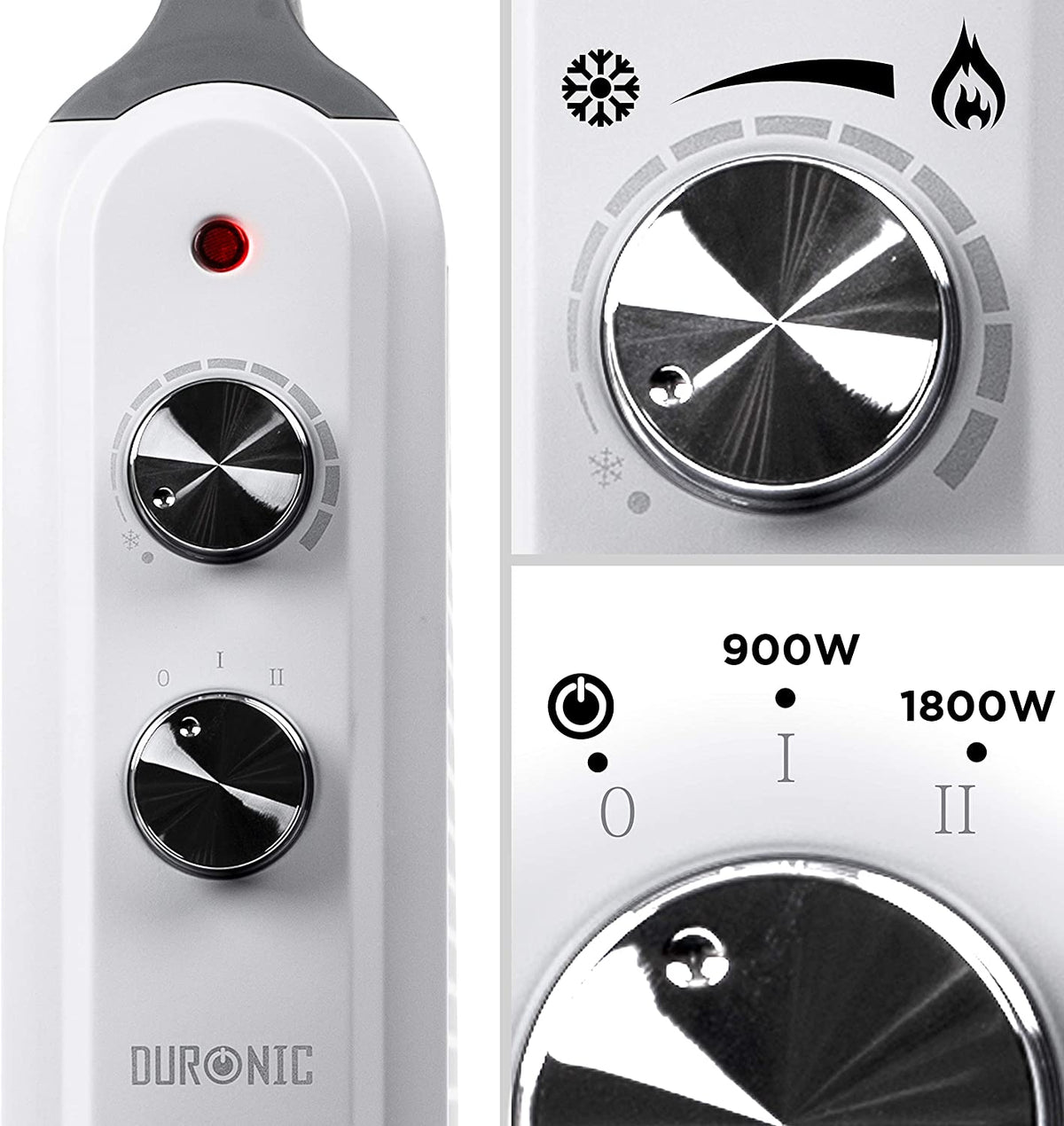 Duronic HV180 Radiador Eléctrico Compacto con Paneles de Mica 1800 W | Mostrando un primer plano de los mandos de control laterales del radiador, con detalles del termostato ajustable y el selector de potencia con dos niveles de funcionamiento (900 W en la posición I y 1800 W en la posición II)
