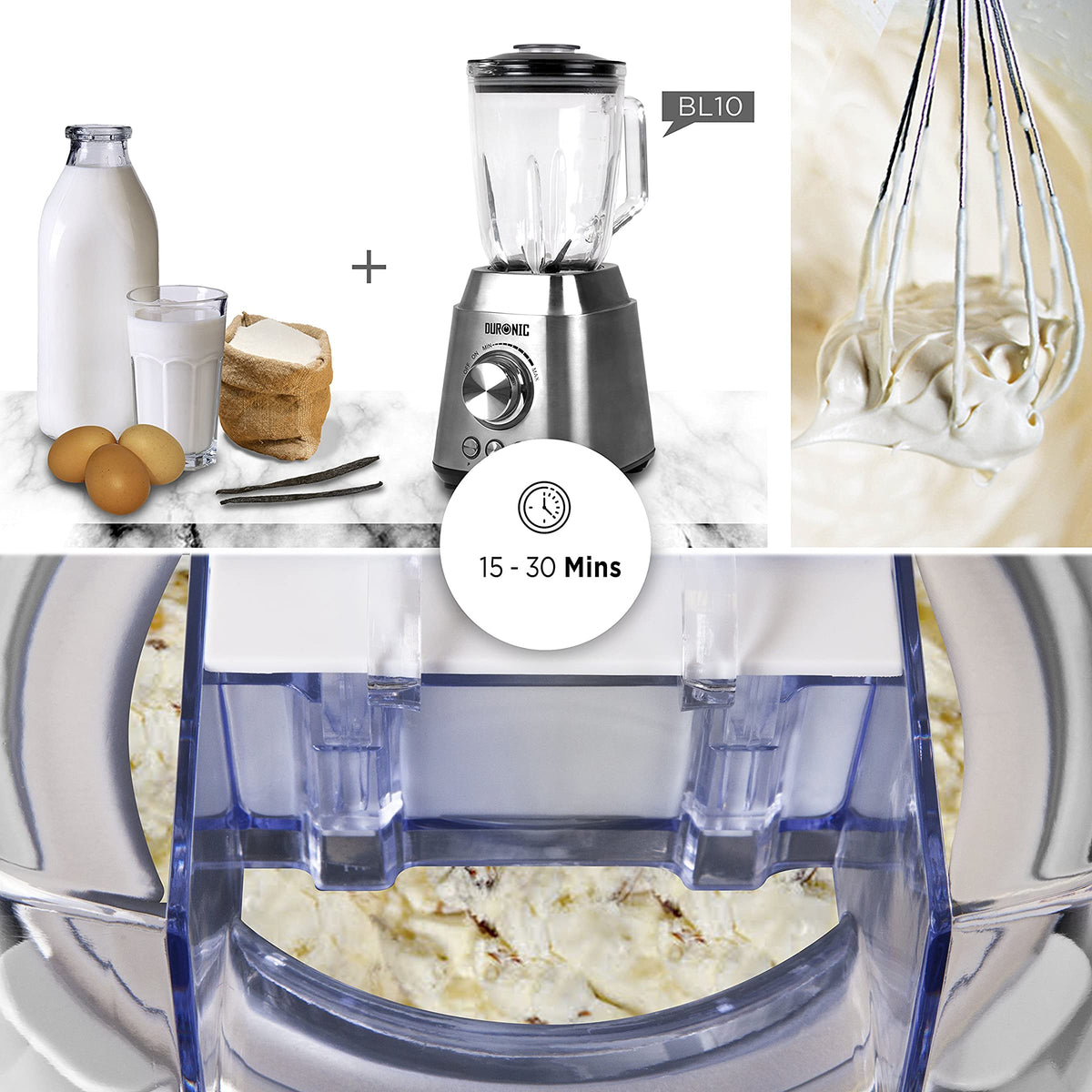 Duronic IM540 Heladera con bol de congelación de 1.5L para hacer helados en 15 a 30 min | Gran potencia | Incluye pala y accesorios | Desmontable y facil de limpiar | Helados caseros sorbete y yogur