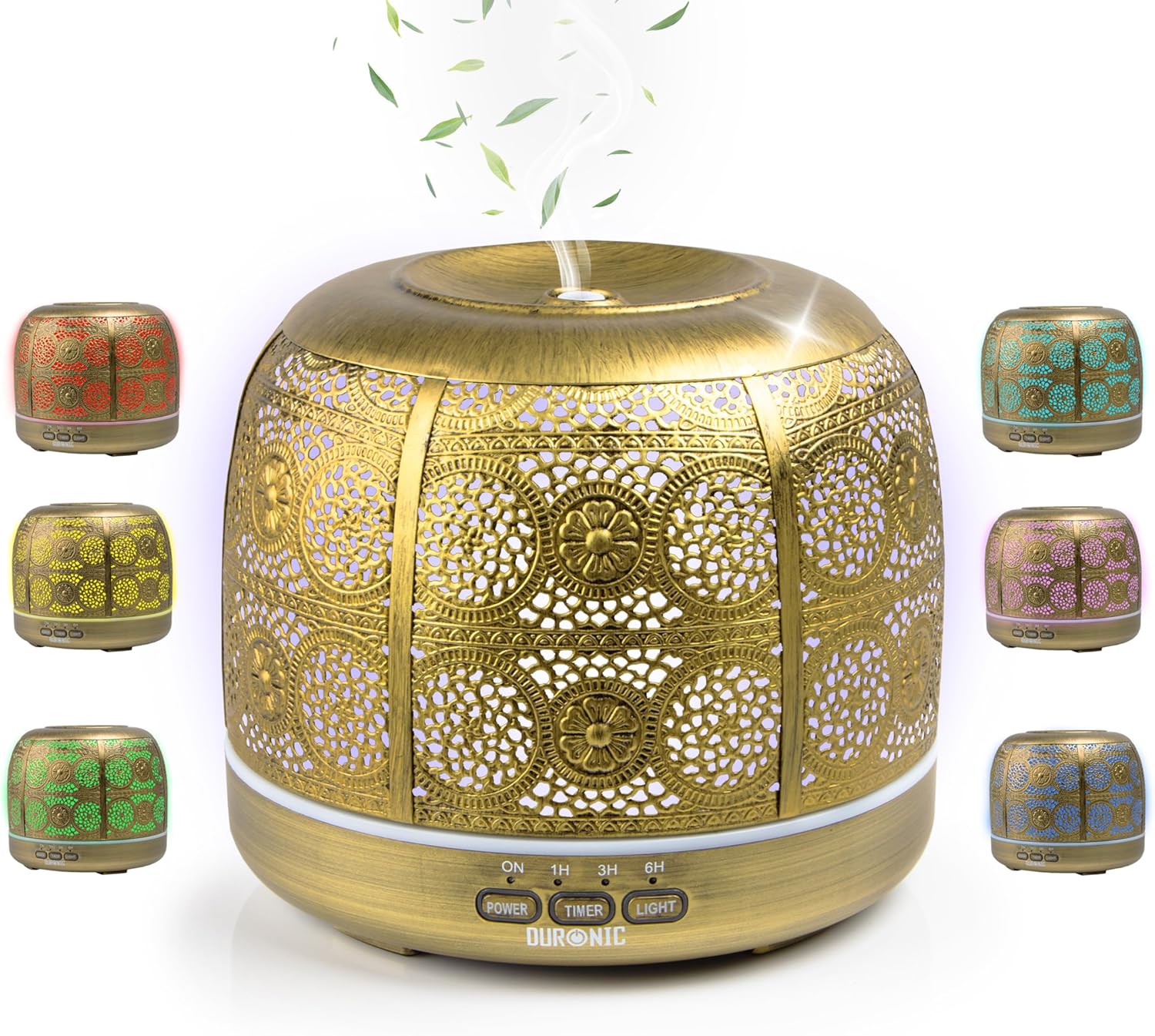 Duronic AD43 Difusor de Aromas y Brumizador de Aceites Esenciales Mostrando el difusor de aromaterapia de 500 ml en color dorado con carcasa metálica calada, expulsando bruma por la parte superior y rodeado de muestras de su iluminación LED ambiental en tonos rojo, amarillo, verde, turquesa, morado y azul, con los botones de control frontal POWER, TIMER y LIGHT.