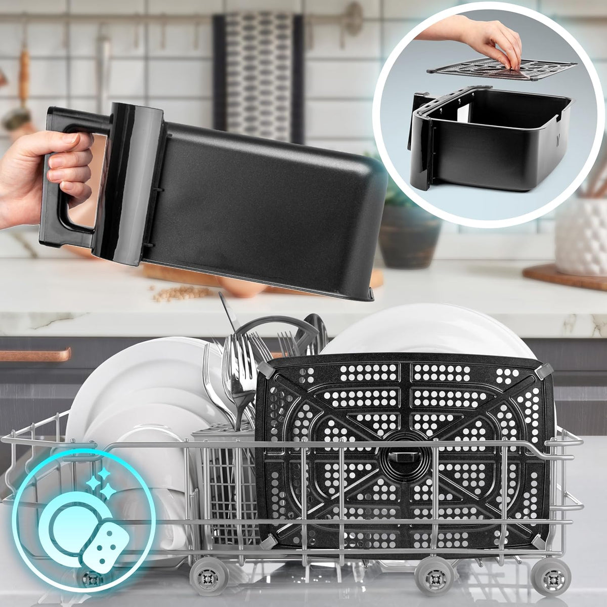 Duronic AF14 BK Freidora de Aire sin Aceite 2400 W, 1 Cesta 10L con Ventana | Mostrando la compatibilidad con el lavavajillas de la cesta y la placa interior antiadherente de la freidora, destacando su facilidad de limpieza al colocarse de forma segura en la rejilla del lavavajillas, acompañado de una inserción superior que muestra cómo se inserta o retira la placa dentro de la cesta.