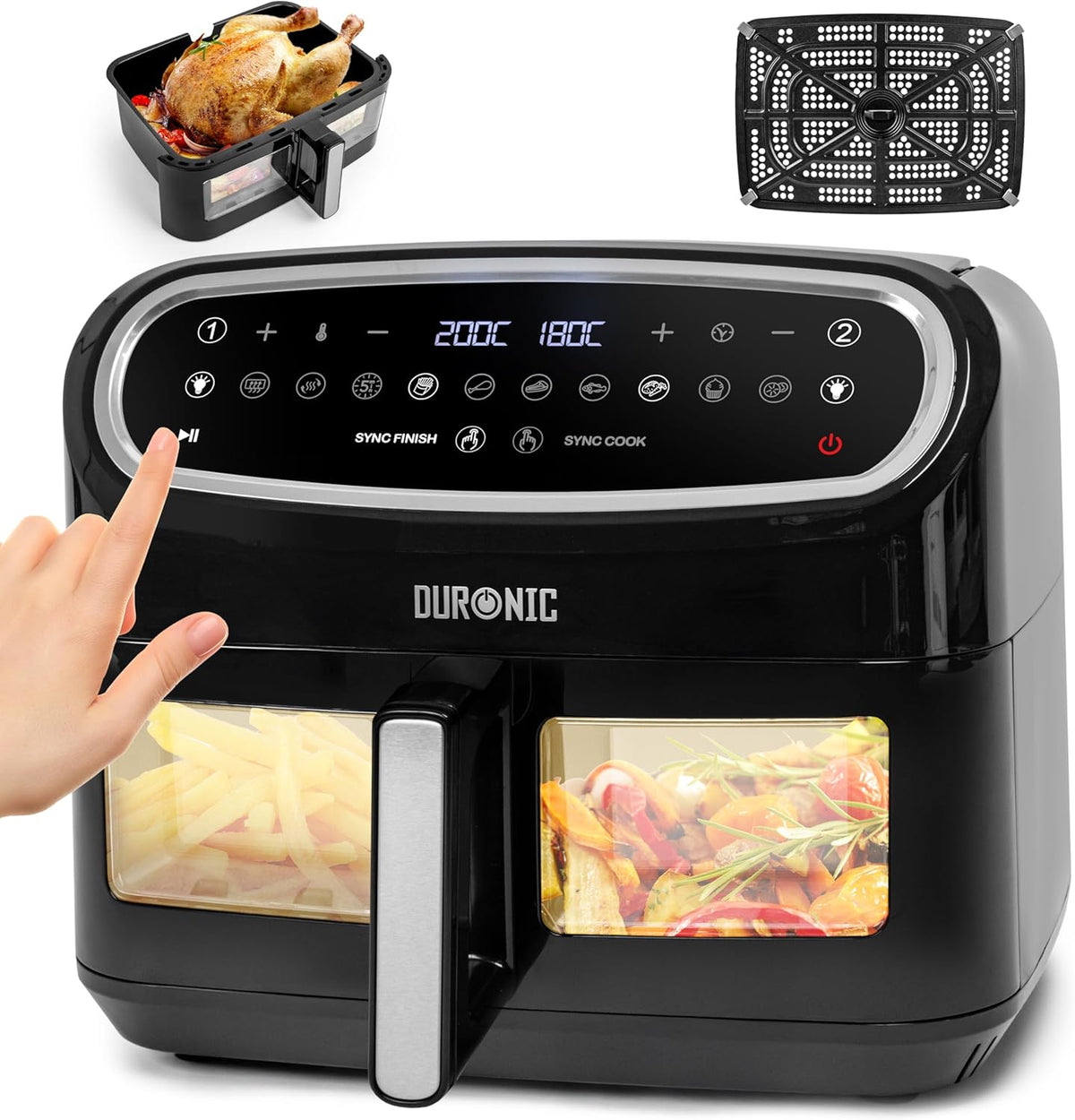 Duronic AF14 BK Freidora de Aire sin Aceite 2400 W, 1 Cesta 10L con Ventana | Mostrando la freidora de aire de gran capacidad con un diseño de doble zona y panel de control táctil superior digital, acompañada de inserciones gráficas que muestran una cesta con un pollo entero cocinándose y una placa antiadherente extraíble