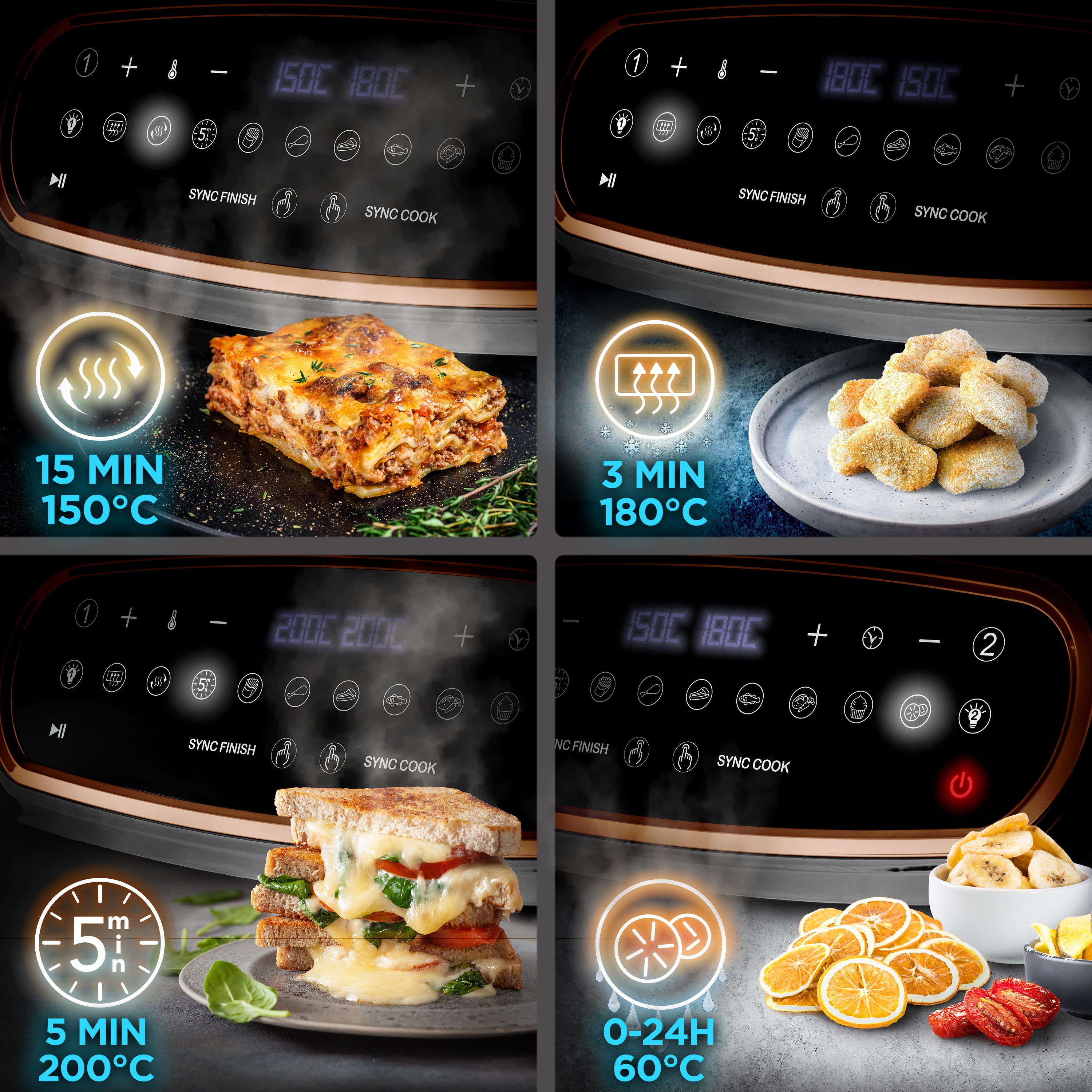 Duronic AF34 BG Freidora de aire sin aceite 2400 W | Mostrando cuatro paneles de control y ejemplos de funciones de cocción: calentamiento/recalentamiento (15 min a 150°C), descongelación (3 min a 180°C), tostado (5 min a 200°C) y deshidratación (de 0 a 24 horas a 60°C)