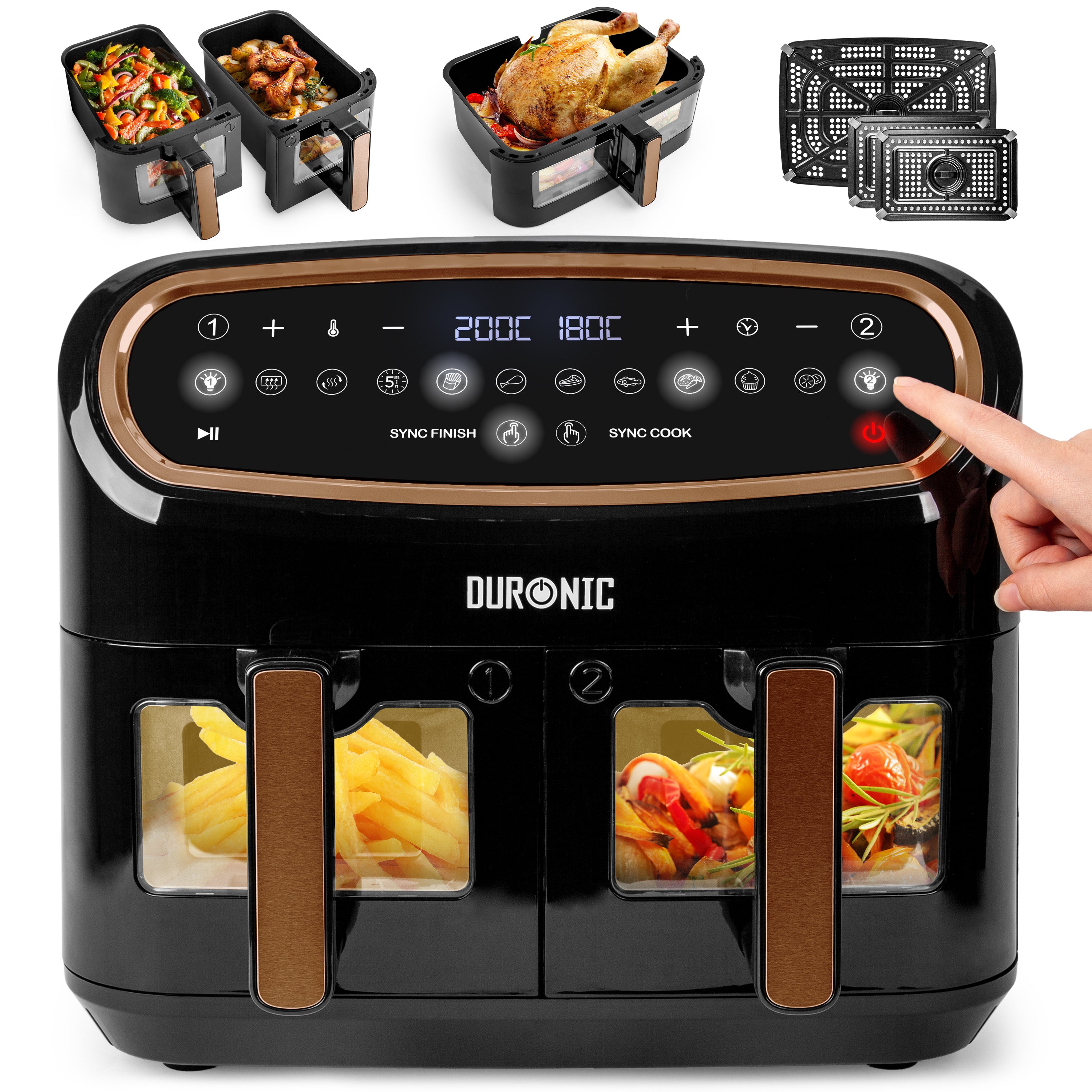 Duronic AF34 BG Freidora de aire sin aceite 2400 W | Mostrando la freidora de aire doble en color negro y detalles de bronce, con sus dos cestas con ventana de visualización y asas frontales, un panel de control digital superior táctil, y pequeñas imágenes superiores que muestran las opciones de cocina y accesorios