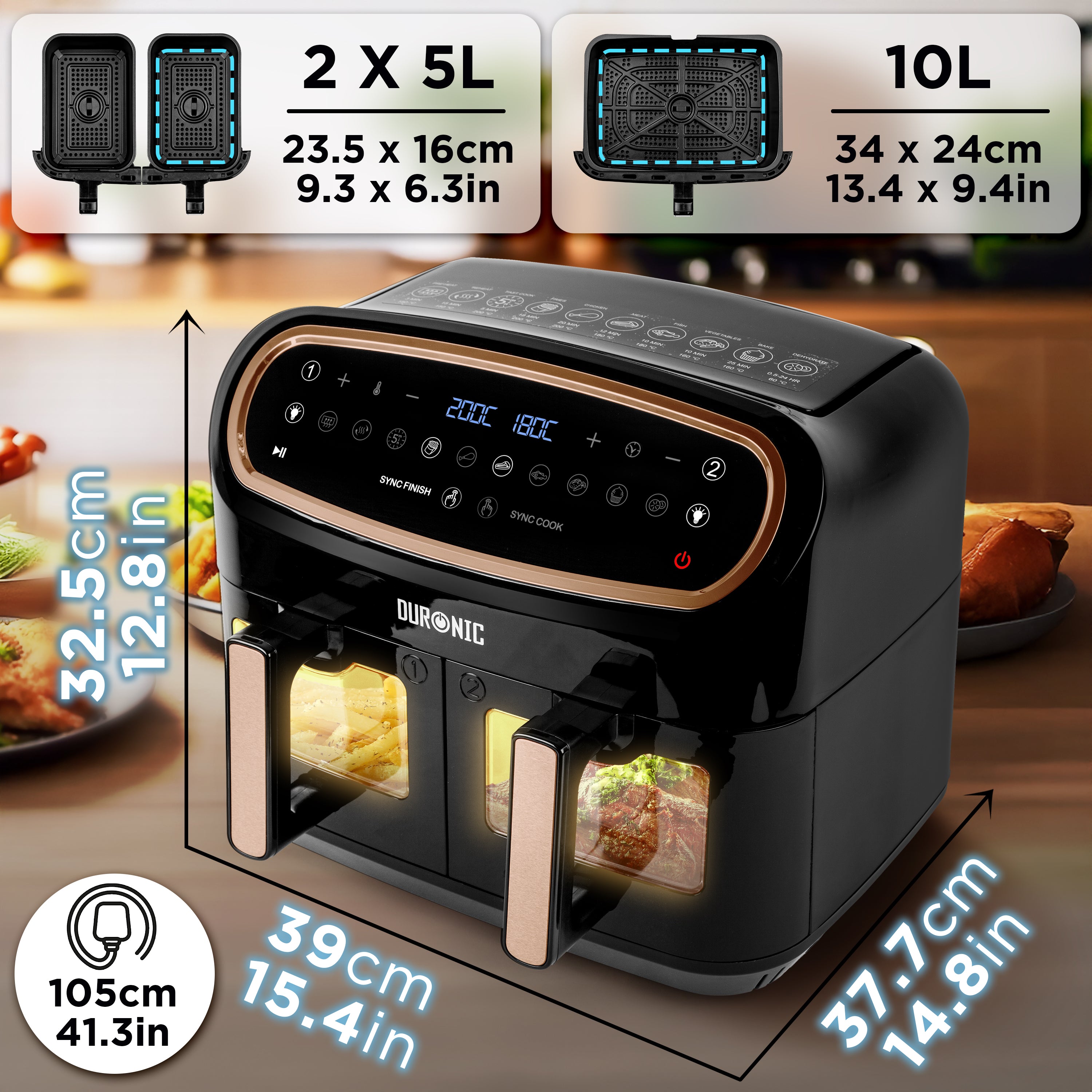 Duronic AF34 BG Freidora de aire sin aceite 2400 W | Mostrando un diagrama técnico de dimensiones de la freidora de aire doble de color negro y bronce, indicando una altura de 32.5 cm / 12.8 in, ancho de 39 cm / 15.4 in, profundidad de 37.7 cm / 14.8 in, longitud del cable de 105 cm / 41.3 in, y las especificaciones de capacidad de las cestas (2 x 5L de 23.5 x 16 cm o 10L con placa grande de 34 x 24 cm)