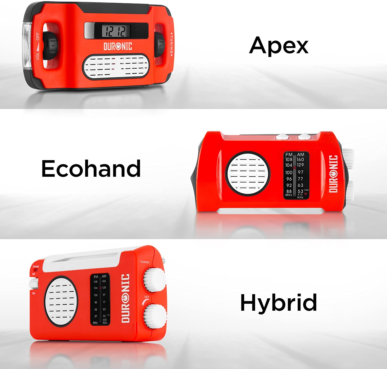 Duronic Apex, Ecohand y Hybrid Radios de Emergencia | Mostrando una comparativa de tres modelos de radios portátiles de emergencia de la marca Duronic en color rojo y negro sobre una superficie blanca brillante, destacando los modelos Apex con pantalla digital, Ecohand y Hybrid con diales de sintonización analógica y paneles laterales