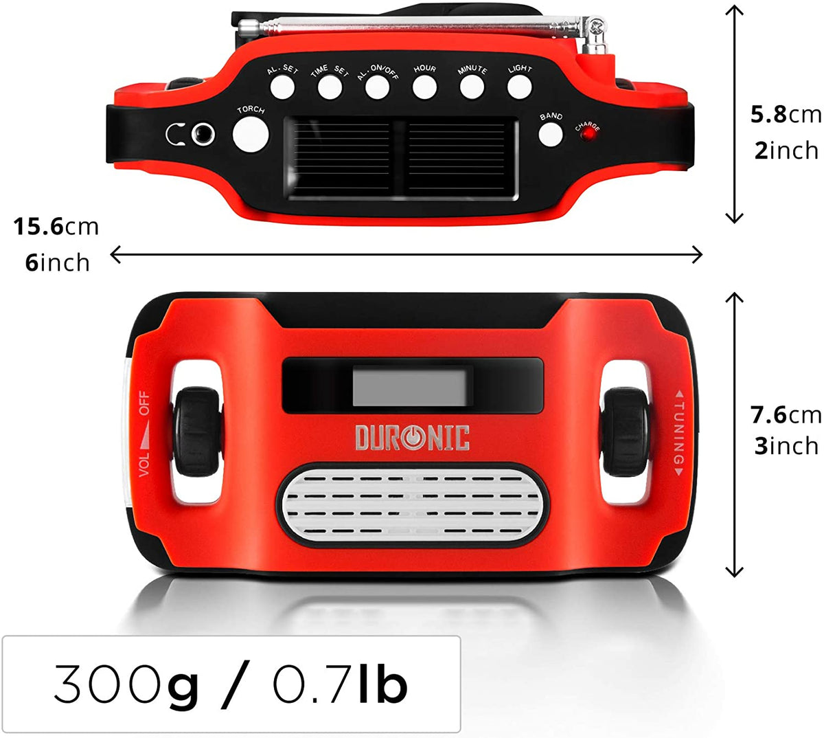 Duronic Apex Radio Solar de Emergencia con Manivela y Batería Recargable | Mostrando las vistas frontal y superior de la radio portátil en color rojo y negro con sus dimensiones principales indicadas (15.6 cm x 7.6 cm x 5.8 cm y un peso de 300g), además de detallar los botones de control superiores, el panel solar y la antena telescópica