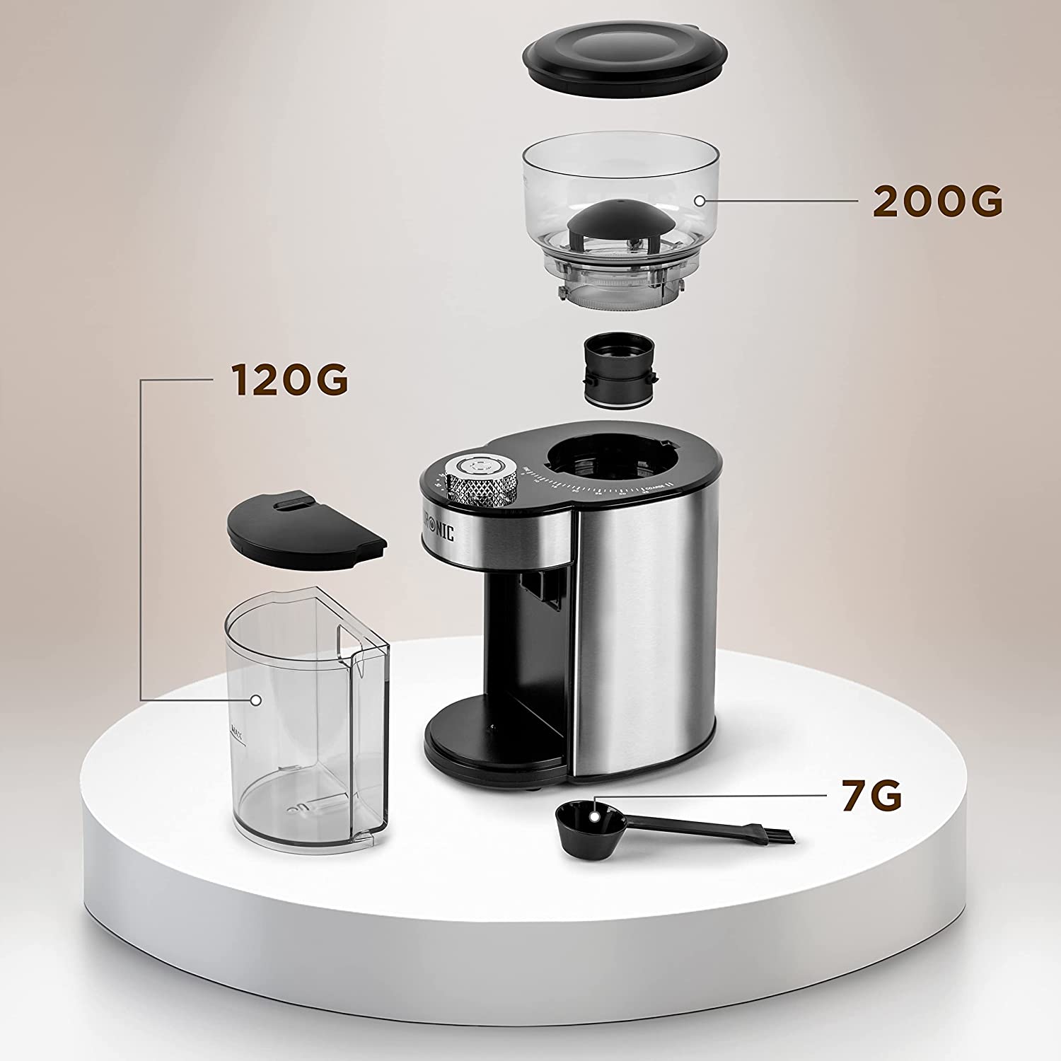 Duronic BG200 Molinillo de café eléctrico | Mostrando el despiece del molinillo eléctrico sobre una base blanca, señalando la capacidad del depósito superior de granos (200 g), el recipiente inferior de café molido (120 g) y la cuchara dosificadora con cepillo (7 g)