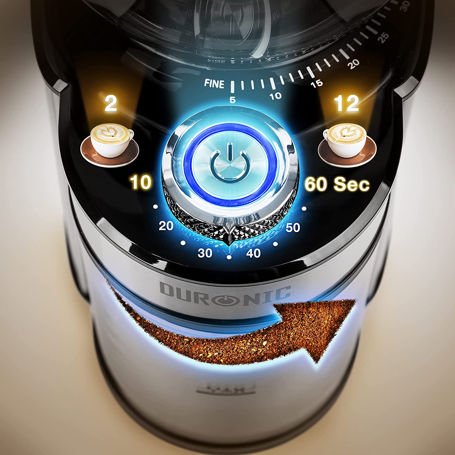 Duronic BG200 Molinillo de café eléctrico | Mostrando el panel de control superior del molinillo con el botón de encendido iluminado en azul rodeado por un selector de tiempo de 10 a 60 segundos y opciones de dosificación de 2 a 12 tazas, con el logotipo de Duronic visible en la parte frontal y una flecha gráfica indicando el flujo del café molido