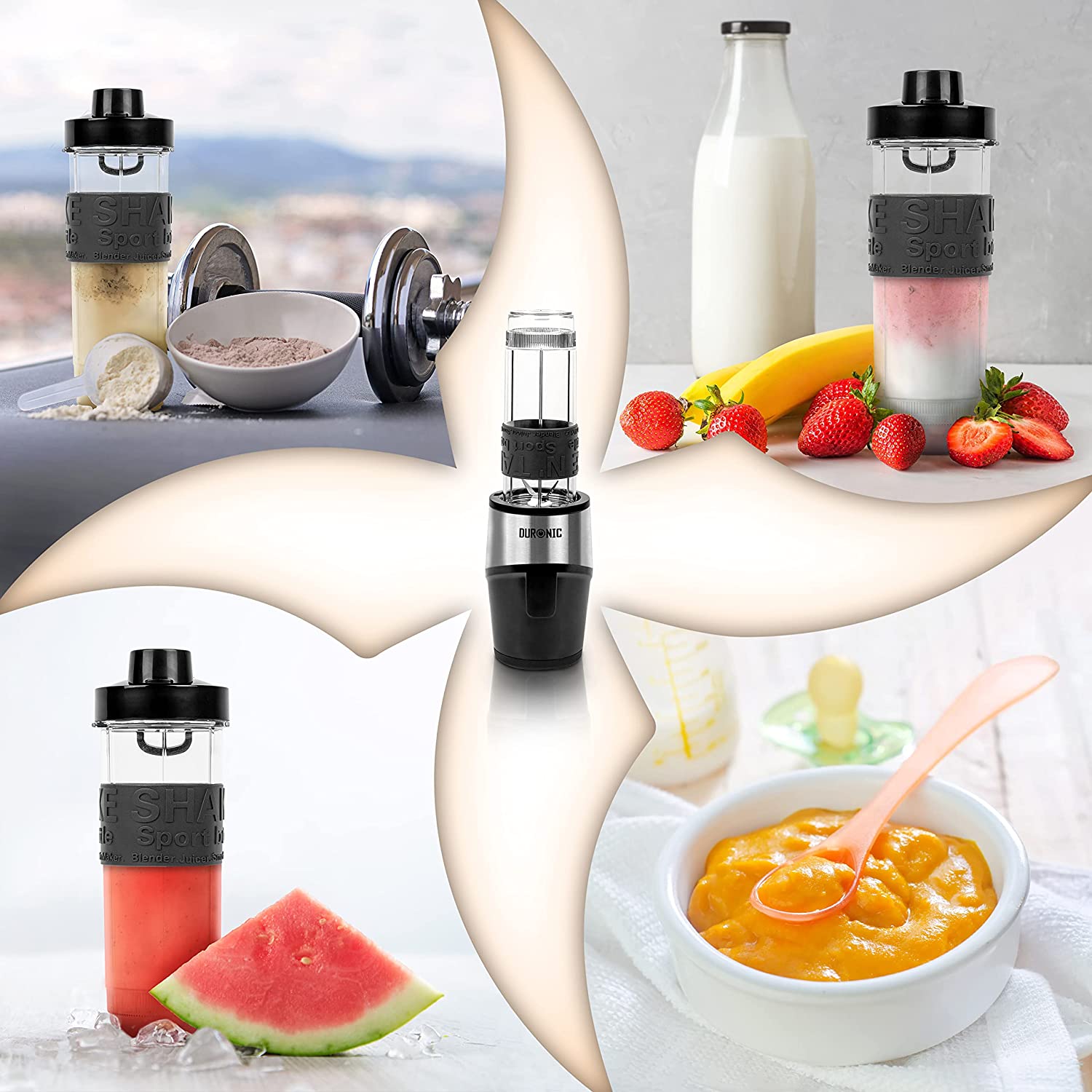 Duronic BL520 Mini Batidora de Vaso Individual 500W | Mostrando la batidora en el centro rodeada de cuatro escenarios de uso: un batido de proteína en polvo con mancuernas (arriba izquierda), un batido de fresa y plátano con fruta fresca y leche (arriba derecha), un puré o papilla casera en un bol (abajo derecha), y un batido de sandía sobre hielo (abajo izquierda)