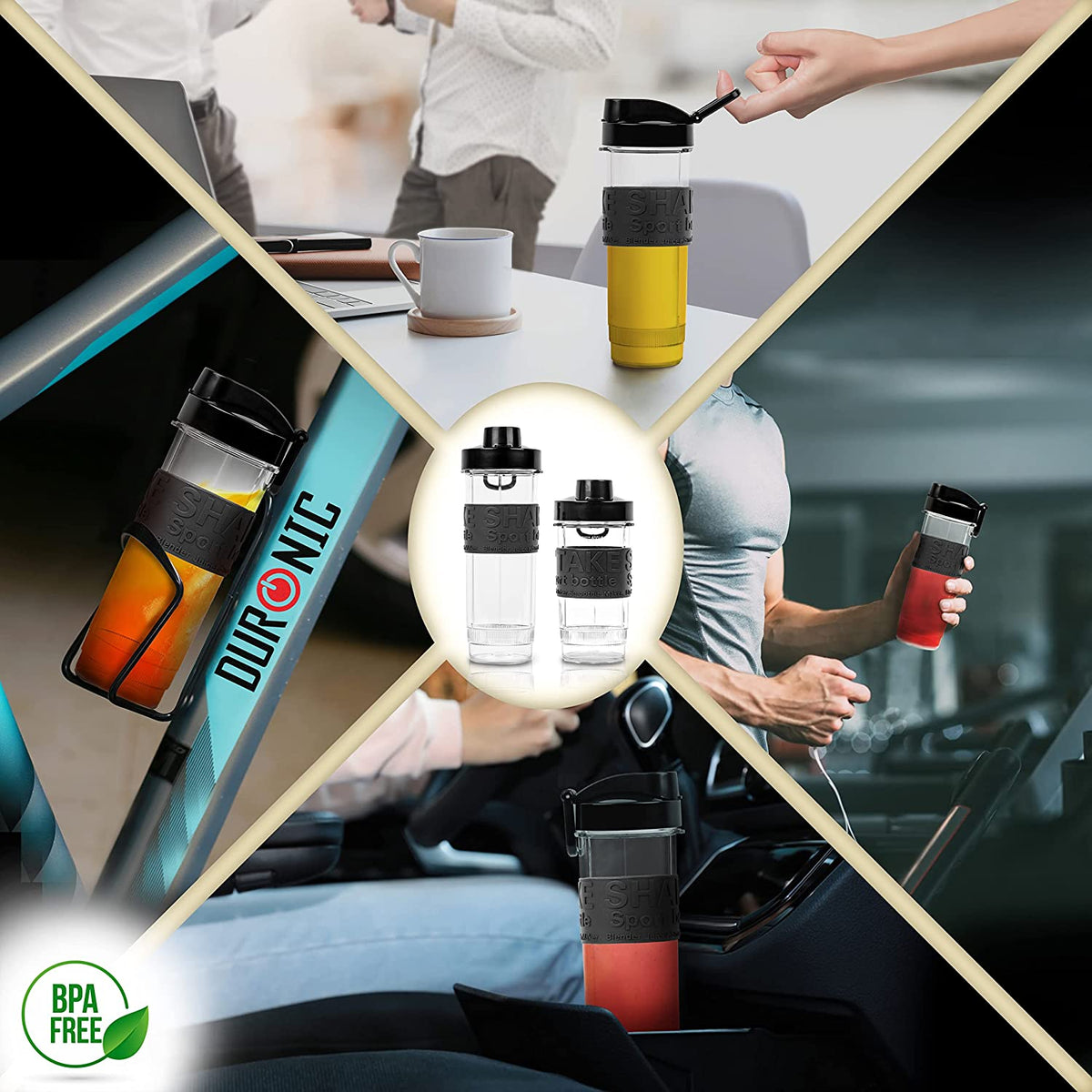 Duronic BL520 Mini Batidora de Vaso Individual 500W | Mostrando los distintos escenarios de uso de las botellas portátiles libres de BPA de la batidora: en una oficina o escritorio (arriba), colocadas en un soporte para bicicleta (izquierda), utilizadas por una persona corriendo en el gimnasio (derecha), y guardadas en el posavasos de un coche (abajo)