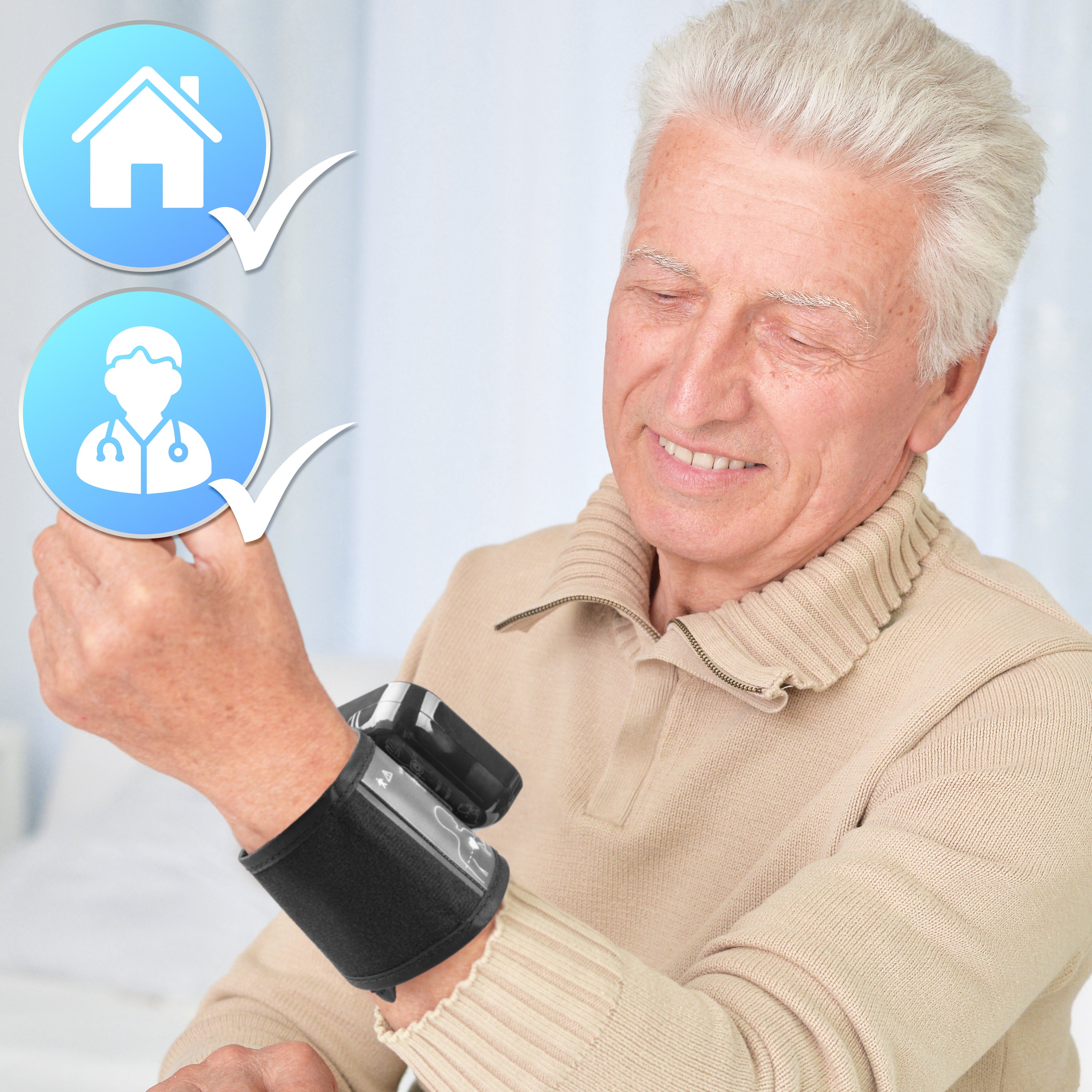 Duronic BPM65 BK Tensiómetro de muñeca digital Un usuario adulto mayor usando el tensiómetro colocado en su muñeca para un control de salud en casa