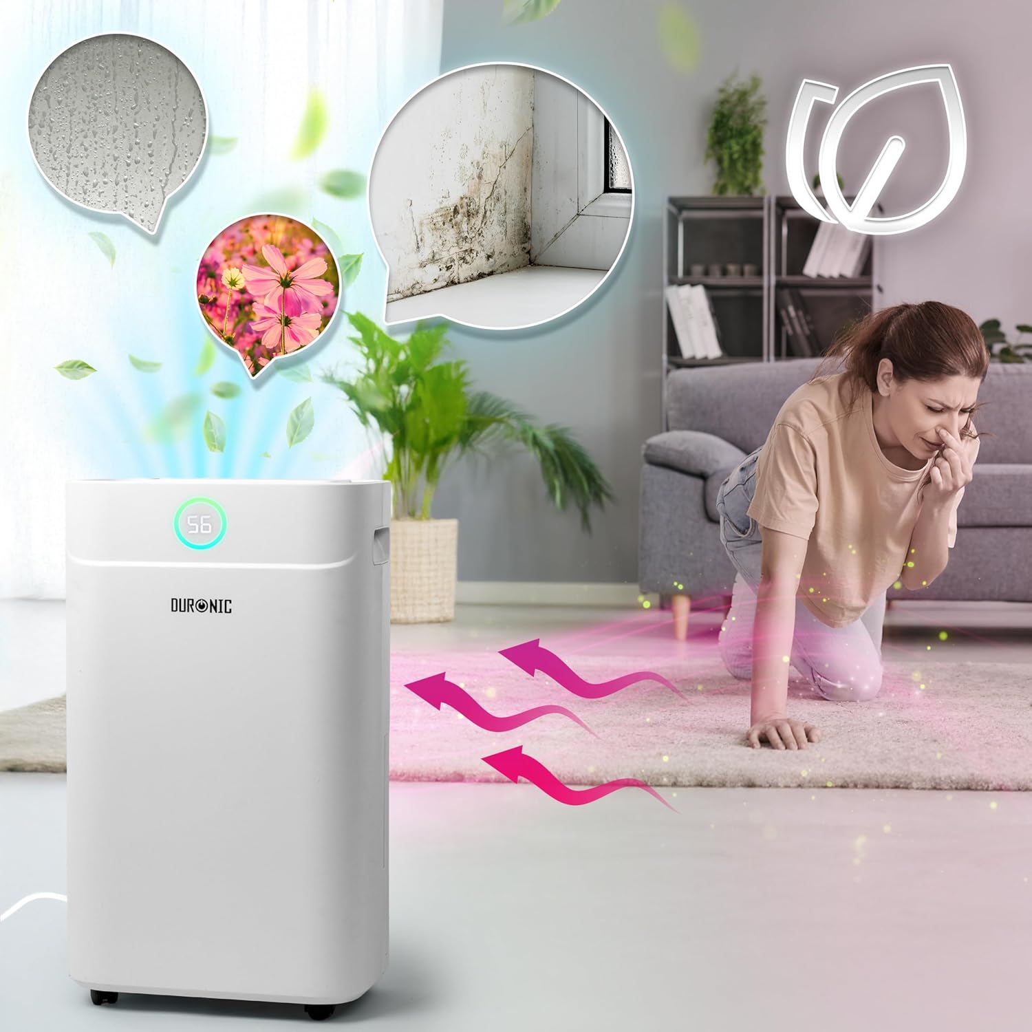 Duronic DH201 Deshumidificador Mostrando el deshumidificador en funcionamiento para combatir la humedad ambiental, la condensación y prevenir la aparición de moho en el hogar