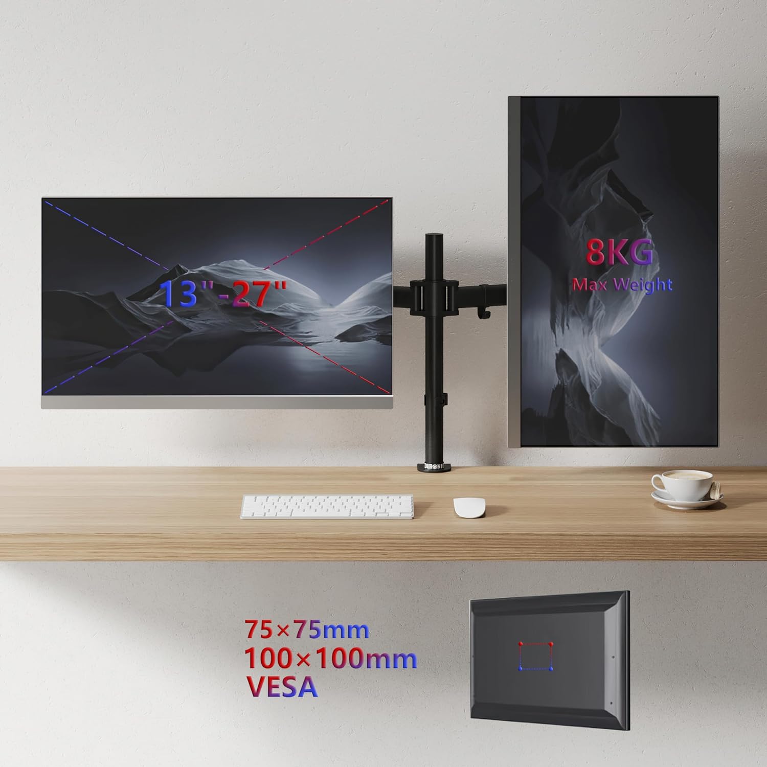 Duronic DM252 BK Soporte con Doble Brazo para Monitor | Mostrando el soporte instalado en un escritorio de madera junto a un teclado y un ratón, con dos monitores que ilustran la compatibilidad de tamaño de 13 a 27 pulgadas, un peso máximo de 8 kg por brazo y los patrones de montaje VESA de 75x75 mm y 100x100 mm
