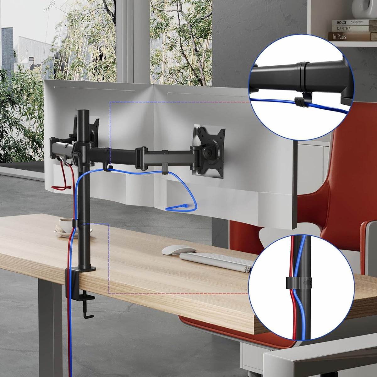 Duronic DM252 BK Soporte con Doble Brazo para Monitor | Mostrando los soportes y los brazos articulados del modelo negro diseñado para dos pantallas, con abrazadera de fijación al escritorio y sistema de organización de cables mediante clips integrados