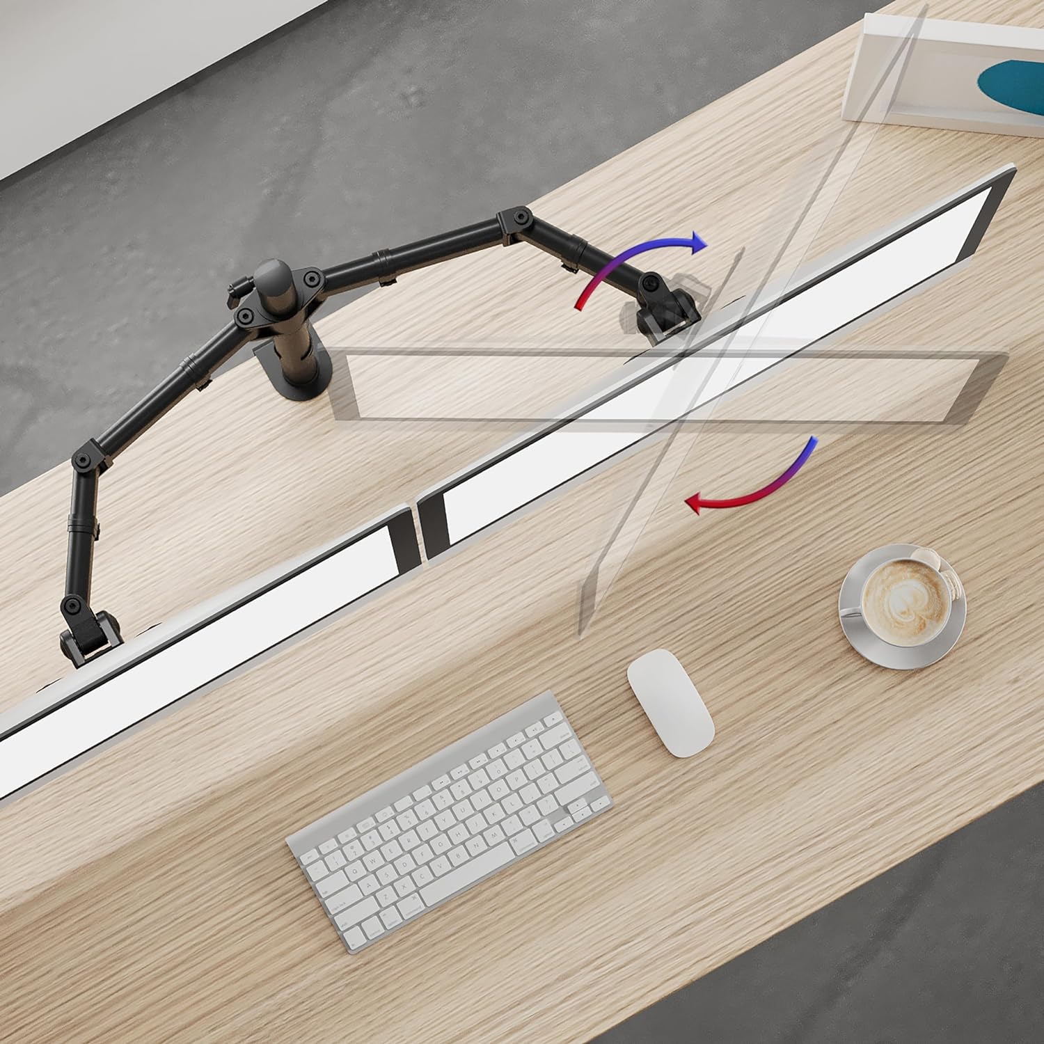 Duronic DM252 BK Soporte con Doble Brazo para Monitor | Mostrando una vista superior desde arriba del soporte de doble brazo instalado en el escritorio, con un monitor montado de forma horizontal junto a un teclado y un ratón, ilustrando con flechas el ángulo de giro y ajuste disponible