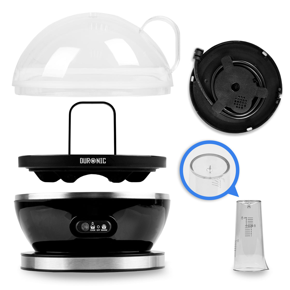 Duronic EB27 BK Hervidor de Huevos Eléctrico 400 W para 7 Huevos | Mostrando una vista de despiece del hervidor de huevos eléctrico negro, que incluye la tapa abovedada transparente con asa, la bandeja para huevos con soporte central, la base calefactora de acero inoxidable con panel de control, el sistema de almacenamiento de cable en la parte inferior y la taza medidora transparente con aguja perforadora