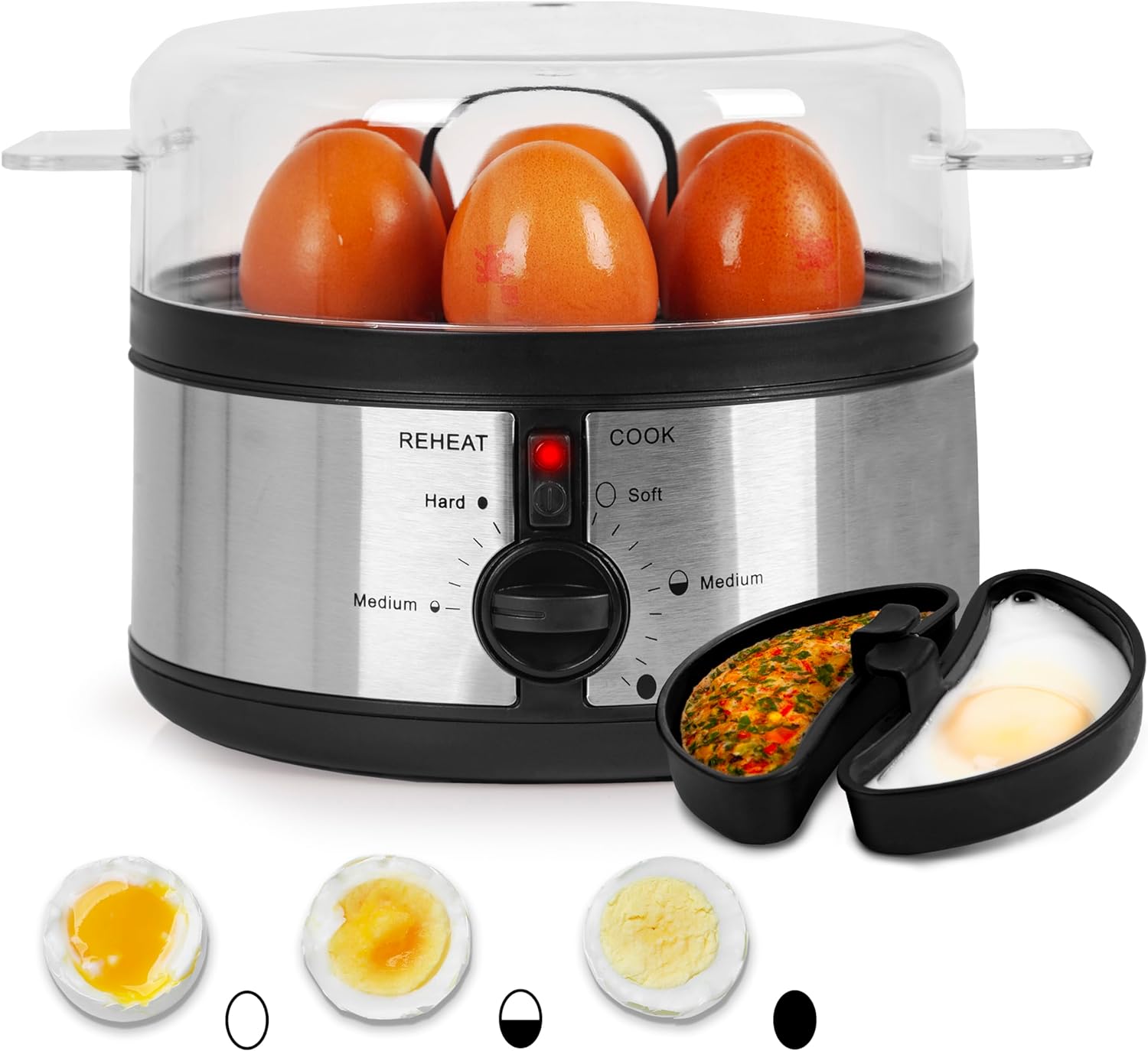Duronic EB35 BK Hervidor de Huevos Eléctrico 350 W para 7 Huevos | Mostrando el hervidor de huevos eléctrico con acabado de acero inoxidable y negro, la tapa transparente con asa que contiene huevos cocinándose en su interior, un panel de control con selector giratorio e indicador luminoso, y accesorios para pochar huevos junto a ejemplos de resultados de cocción (blando, medio y duro) en la parte inferior