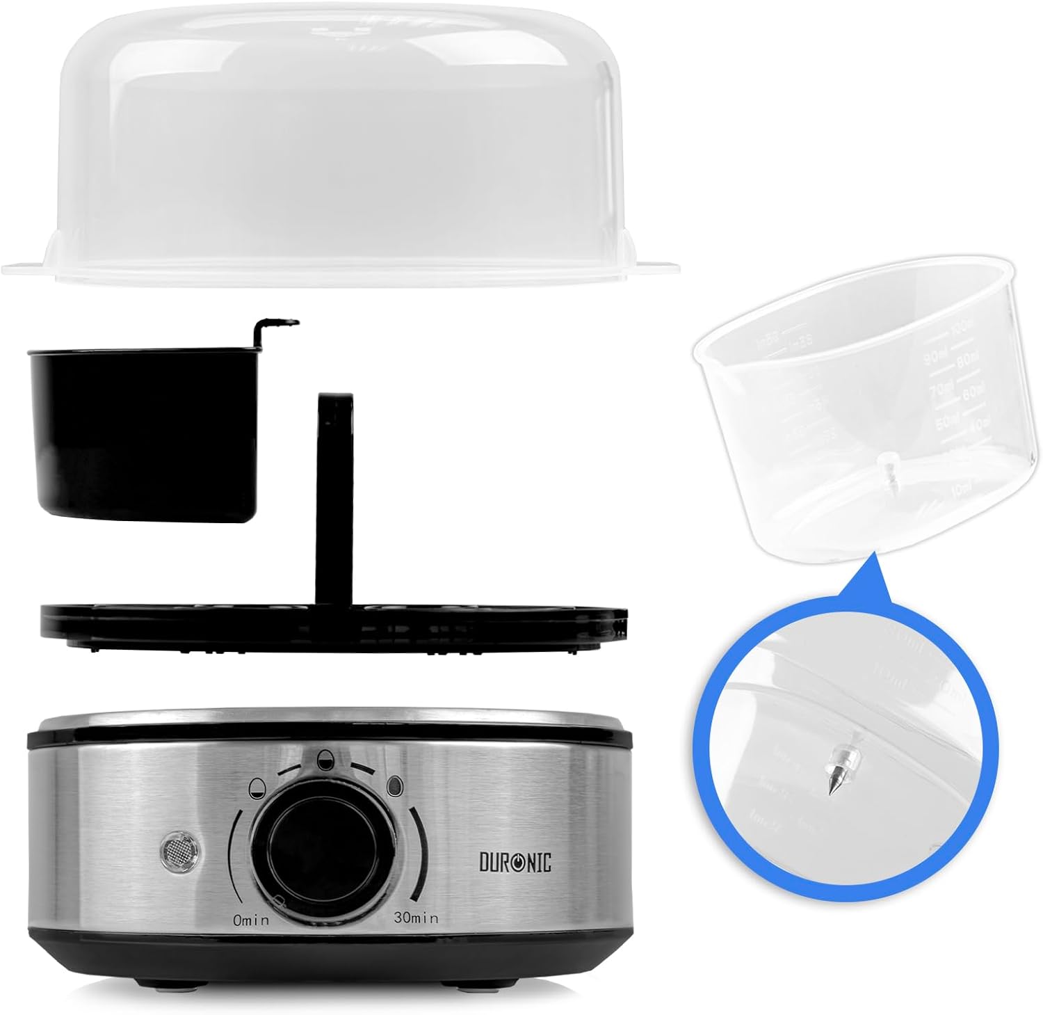 Duronic EB50 BK Hervidor de Huevos Eléctrico 400 W para 7 Huevos | Mostrando una vista de despiece del hervidor eléctrico con la tapa transparente superior, el accesorio para pochar o tortilla, la bandeja extraíble para 7 huevos con asa central, la base calefactora de acero inoxidable con temporizador de hasta 30 minutos, y la taza medidora transparente que incluye una aguja perforadora en la base