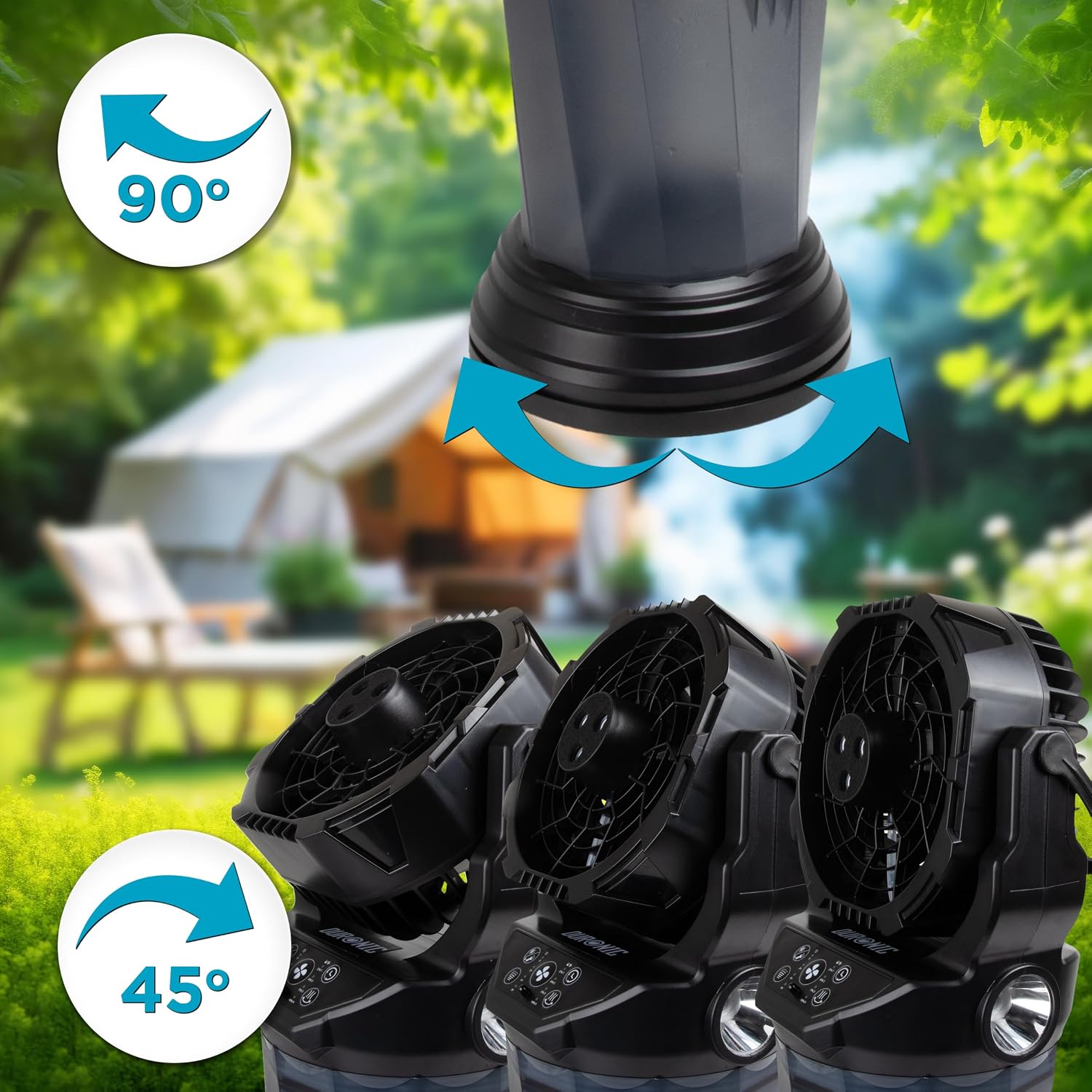 Duronic FM6 Ventilador Nebulizador Portátil Recargable USB-C Depósito 2 L Mostrando el ventilador nebulizador portátil en un entorno de camping, destacando con flechas y círculos informativos su capacidad de oscilación automática de 90 grados en la base y la inclinación ajustable de 45 grados en el cabezal del ventilador
