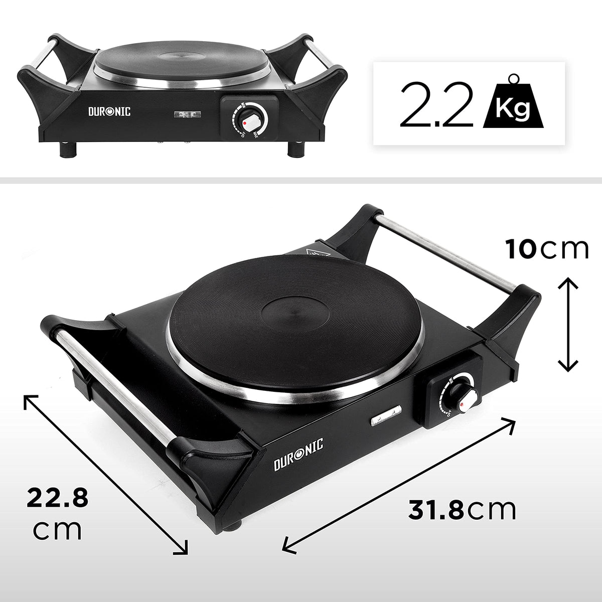 Duronic HP1 BK Hornillo Eléctrico de Camping 1500 W | Mostrando las dimensiones técnicas del hornillo eléctrico en color negro: 31.8 cm de ancho, 22.8 cm de profundidad, 10 cm de altura y un peso de 2.2 kg