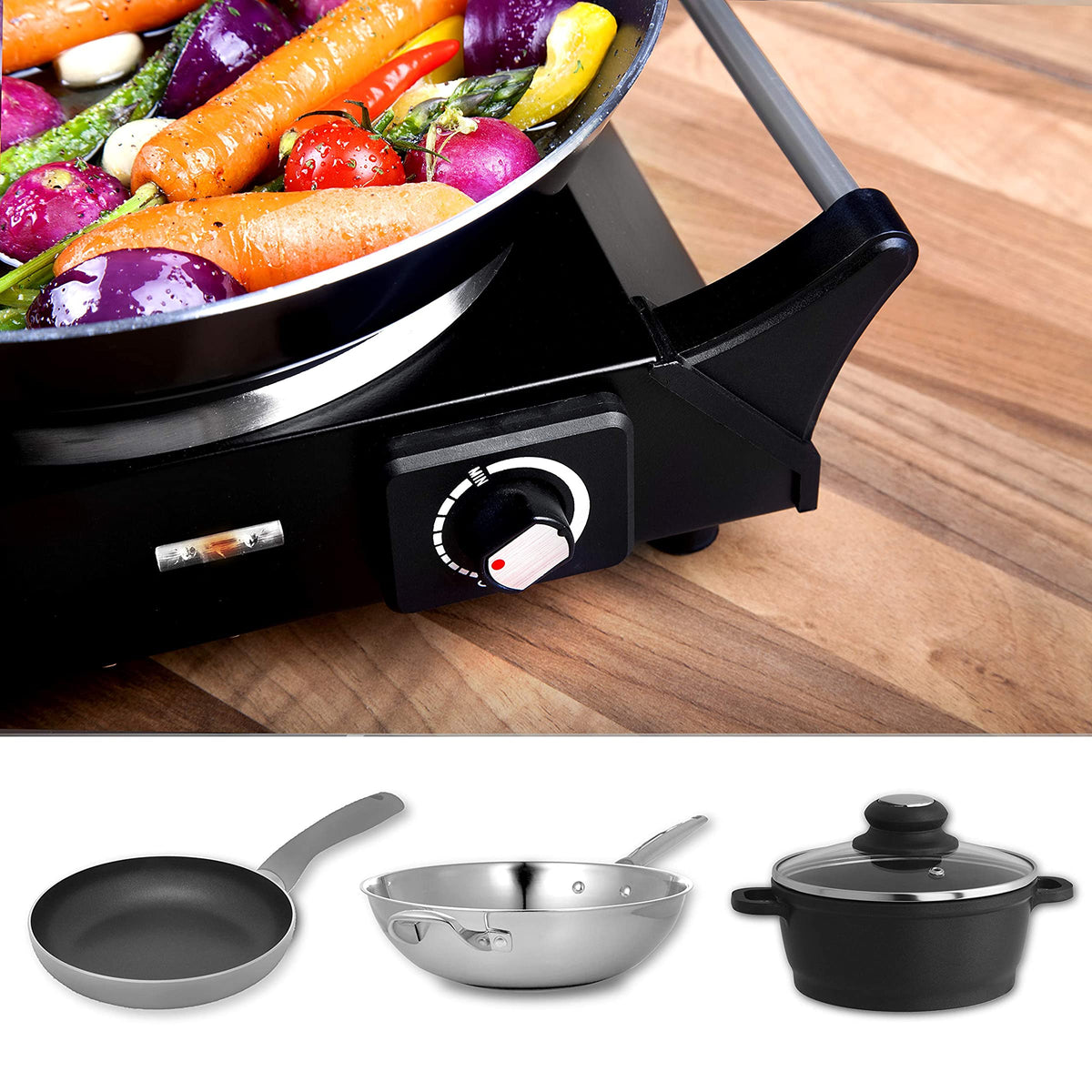 Duronic HP1 BK Hornillo Eléctrico de Camping 1500 W | Mostrando un primer plano del panel de control del hornillo y, en la parte inferior, tres tipos diferentes de utensilios de cocina compatibles (sartén, wok de acero inoxidable y olla con tapa)