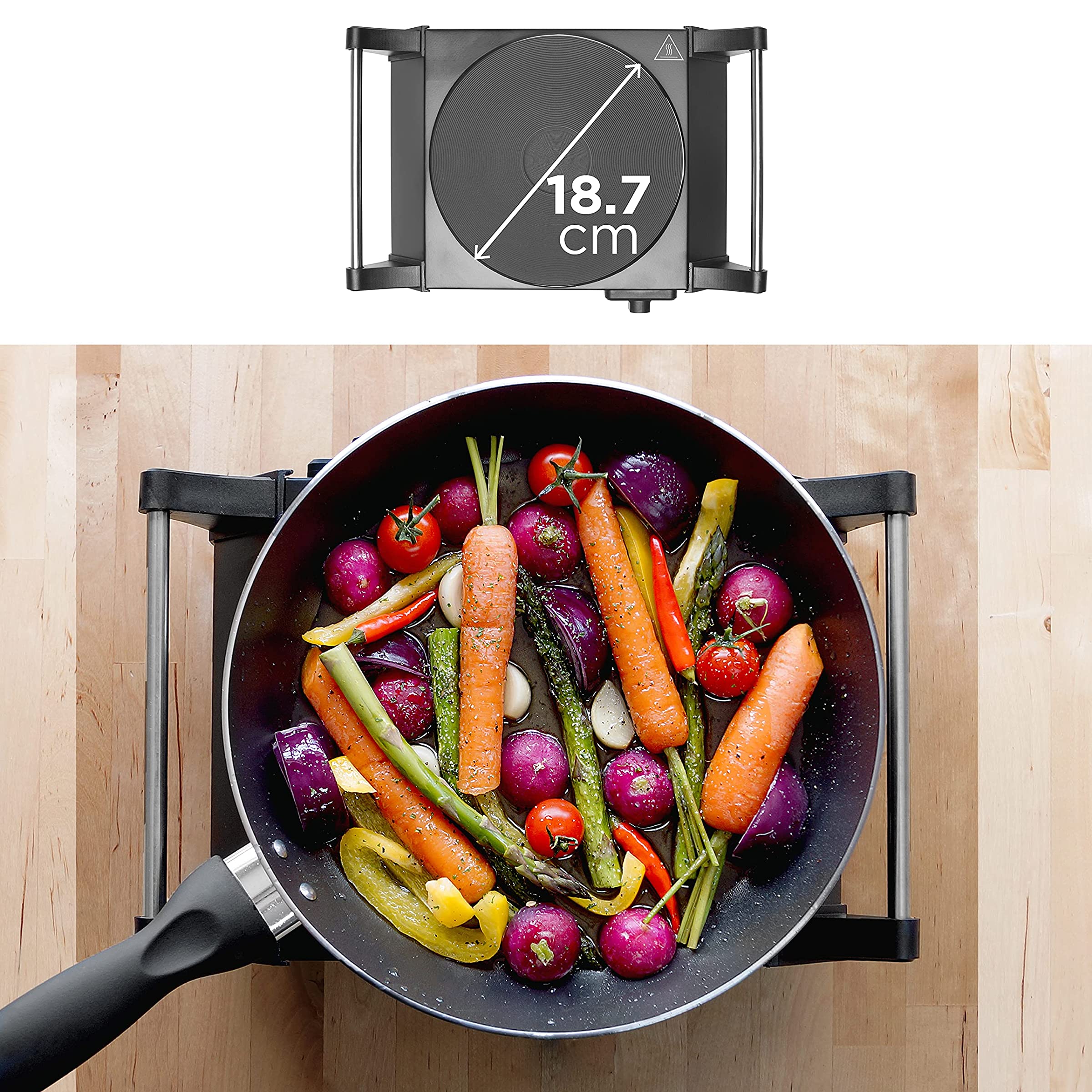 Duronic HP1 BK Hornillo Eléctrico de Camping 1500 W | Mostrando una vista superior del hornillo eléctrico con una sartén llena de verduras, destacando mediante un gráfico el diámetro de la placa de cocción de 18.7 cm