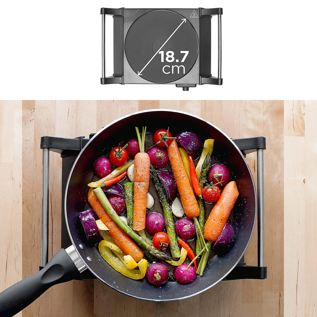 Duronic HP1 BK Hornillo Eléctrico de Camping 1500 W | Mostrando una vista superior del hornillo eléctrico con una sartén llena de verduras, destacando mediante un gráfico el diámetro de la placa de cocción de 18.7 cm