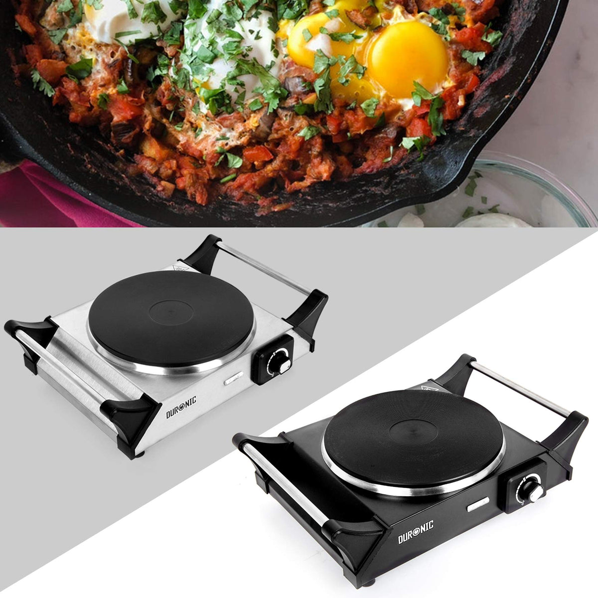 Duronic HP1 SS (modelo en acero inoxidable) y HP1 BK (modelo en negro) | Mostrando una sartén con un plato elaborado con huevos y verduras en la parte superior, y los dos acabados de los hornillos eléctricos portátiles de 1500 W de Duronic lado a lado: el modelo plateado de acero inoxidable (HP1 SS) y el modelo negro (HP1 BK), ambos con asas de transporte y placa de hierro fundido