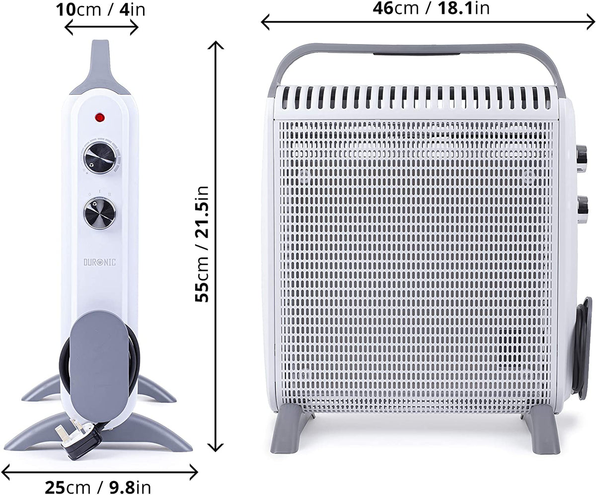 Duronic HV180 Radiador Eléctrico Compacto con Paneles de Mica 1800 W | Mostrando las vistas frontal y lateral del radiador de mica en color blanco y gris con sus dimensiones físicas especificadas (46 cm de ancho, 25 cm de fondo en la base, y 55 cm de alto), junto con los mandos de control de potencia y termostato en el panel lateral