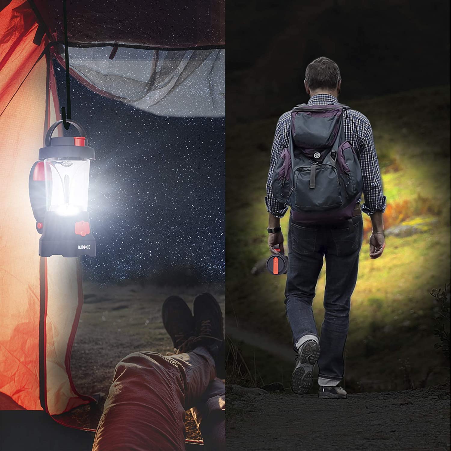 Duronic Hurricane Linterna con Dinamo y USB, 10 LED, Señal de Emergencia | Imagen dividida que muestra la linterna colgando del gancho de una tienda de campaña iluminando el interior y a una persona caminando de espaldas con una mochila mientras sostiene la linterna en la mano