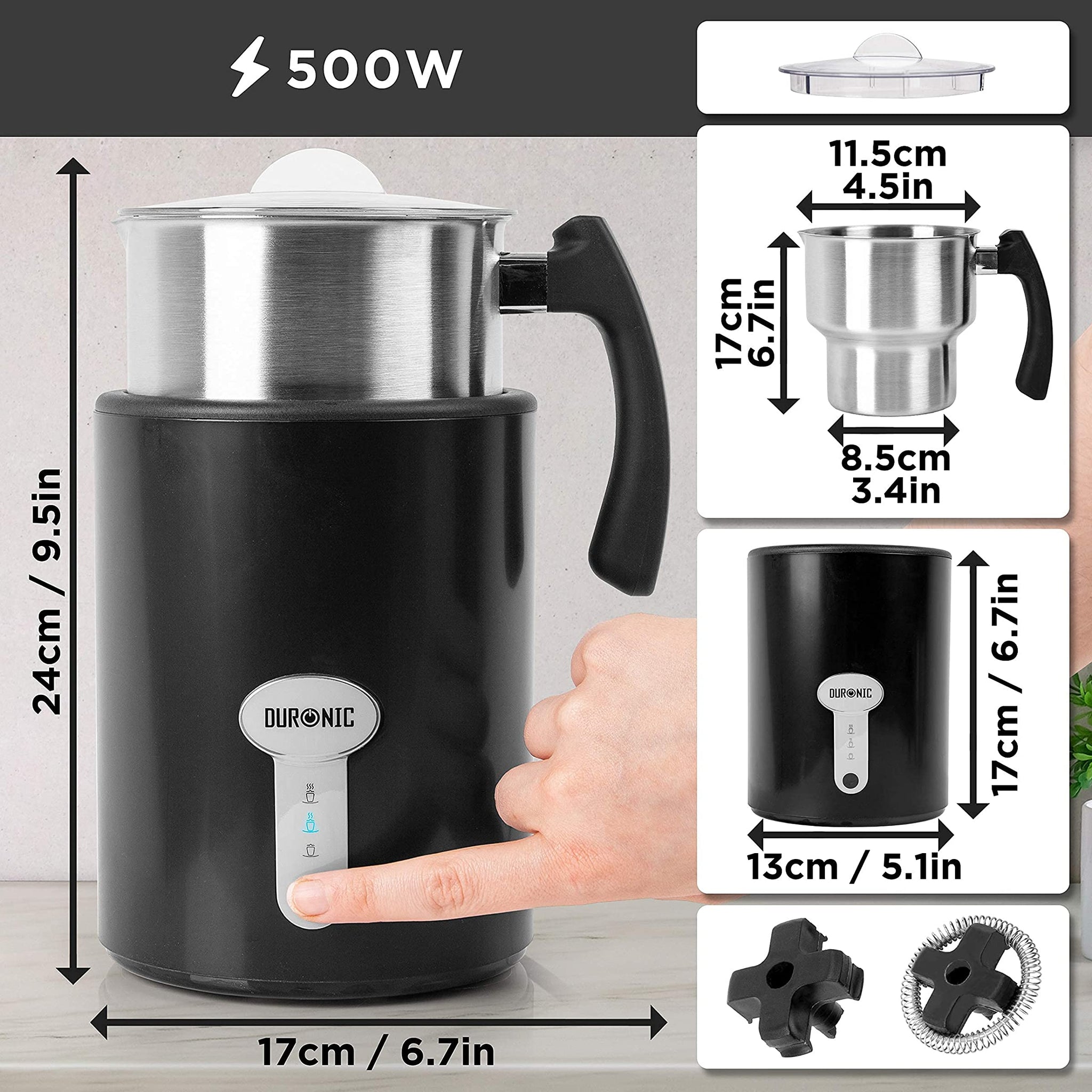 Duronic MF500 BK Espumador de leche automático eléctrico Ilustrando las dimensiones del aparato de 24 x 17 cm, el tamaño de la jarra (17 x 11.5 x 8.5 cm), la base (17 x 13 cm), los 500W de potencia y los dos accesorios mezcladores