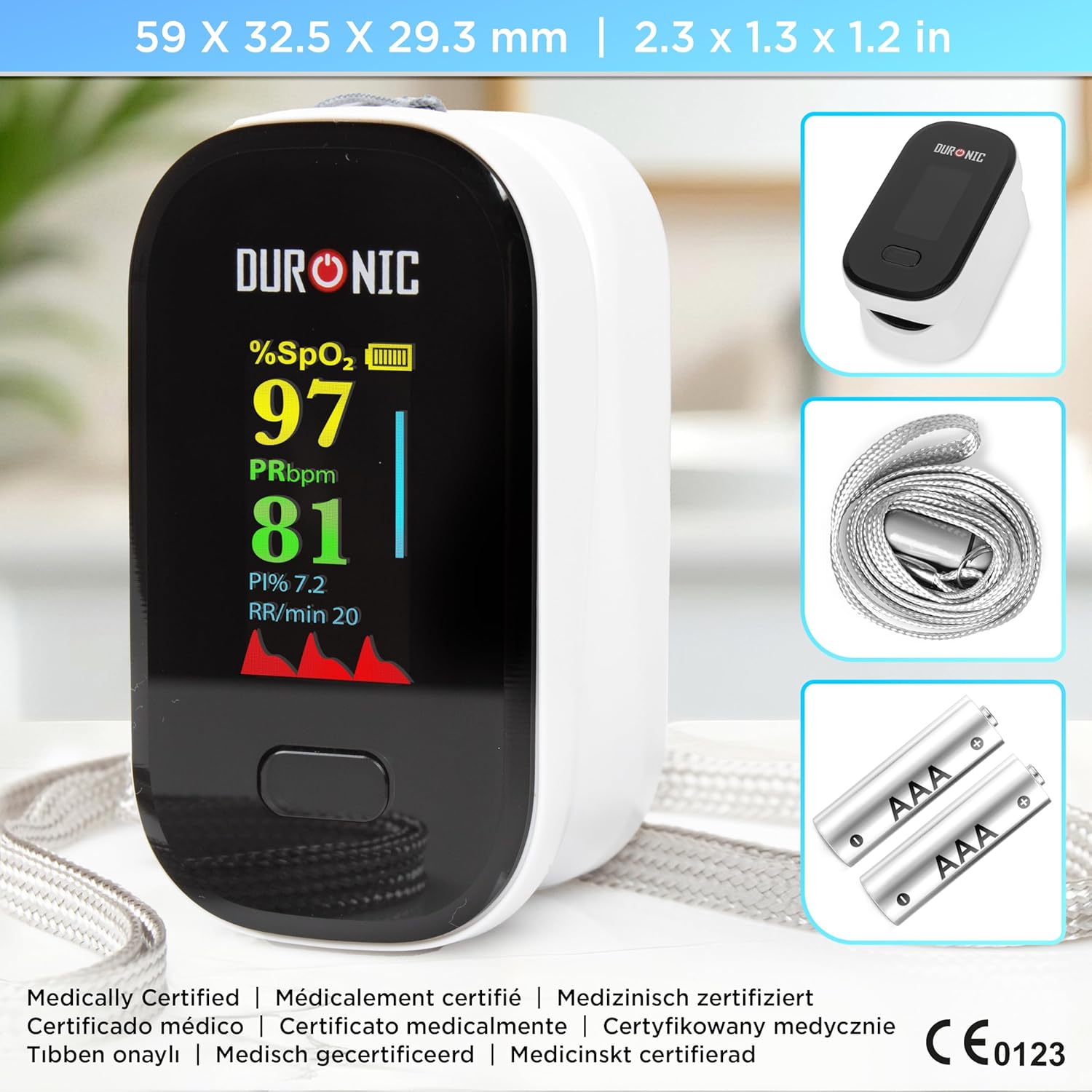 Duronic OX02 Pulsioxímetro de Dedo Profesional, Medición SpO2 y Pulso | Mostrando las dimensiones físicas del pulsioxímetro de 59 x 32.5 x 29.3 mm (2.3 x 1.3 x 1.2 in), junto con recuadros que destacan el dispositivo apagado, el cordón para el cuello incluido y las dos pilas AAA necesarias para su funcionamiento, además de su certificación médica CE 0123